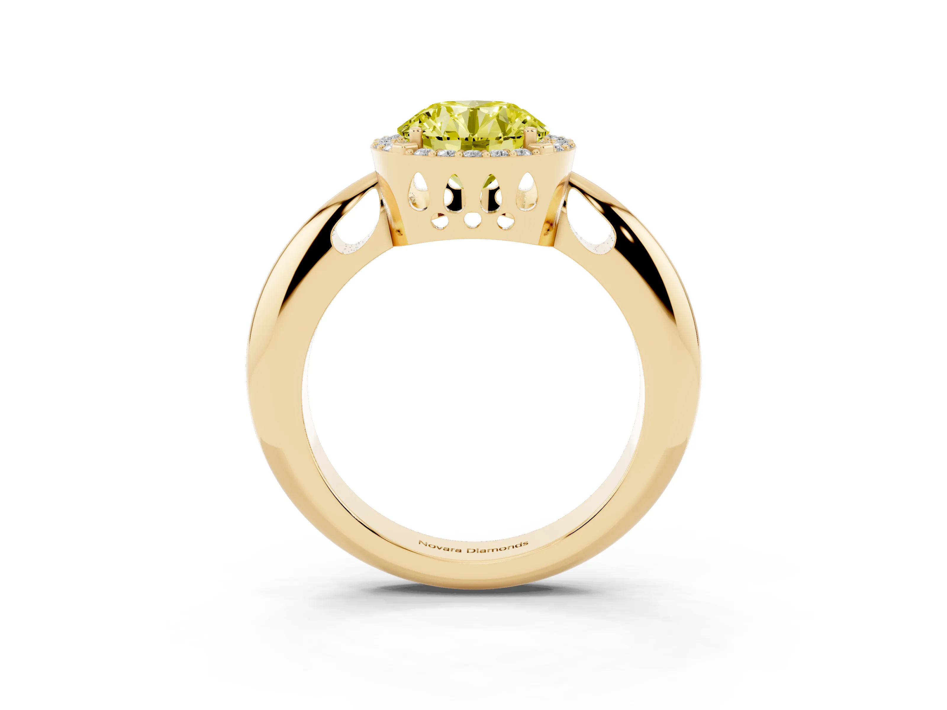 Fancy Yellow Round Cut Diamond Halo Engagement Ring Set in Yellow gold with Plain Split Shank and Prong Setting