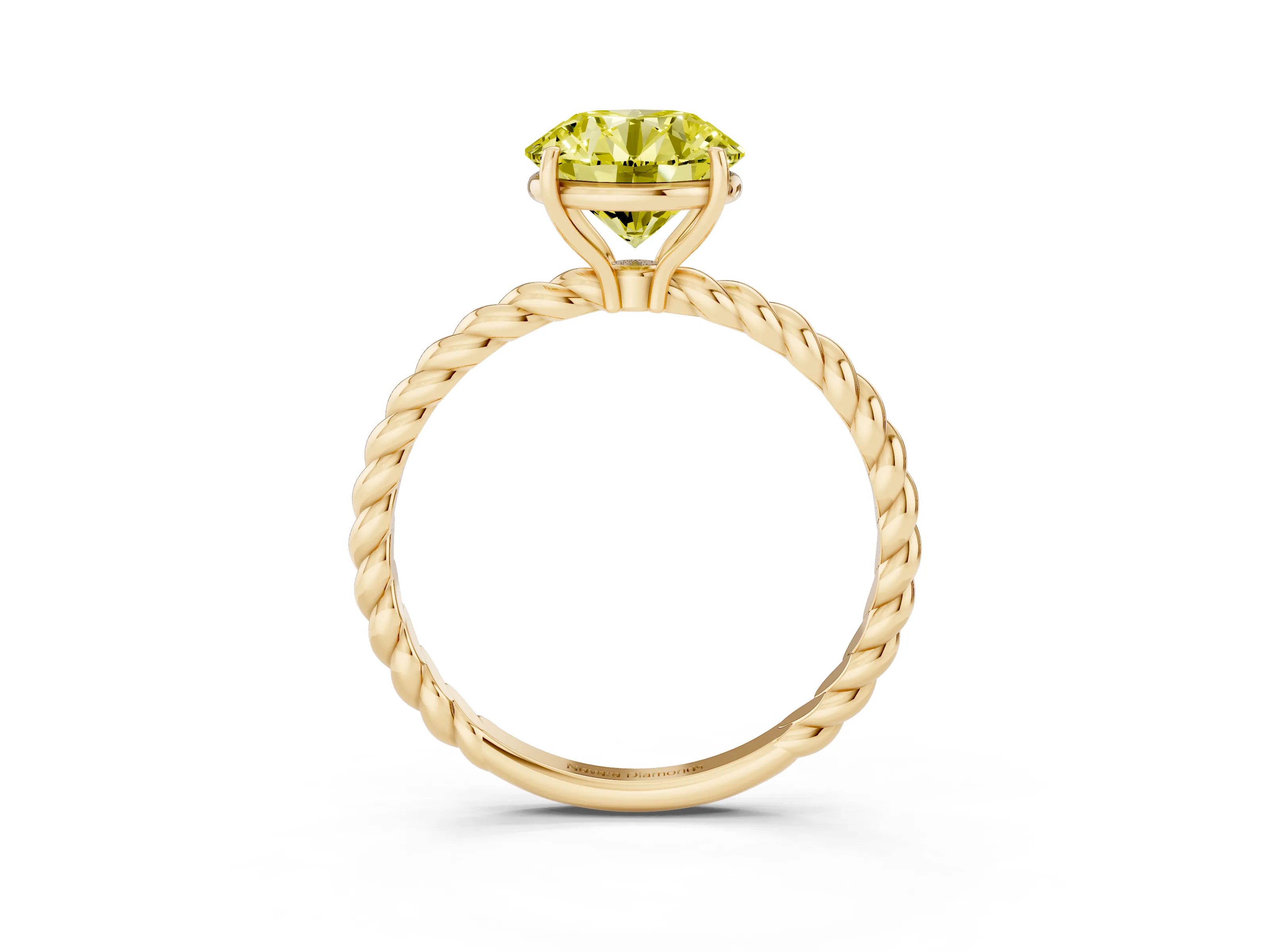 Fancy Yellow Round Cut Diamond Solitaire Ring Set in Yellow gold with Twist Band and Prong Setting