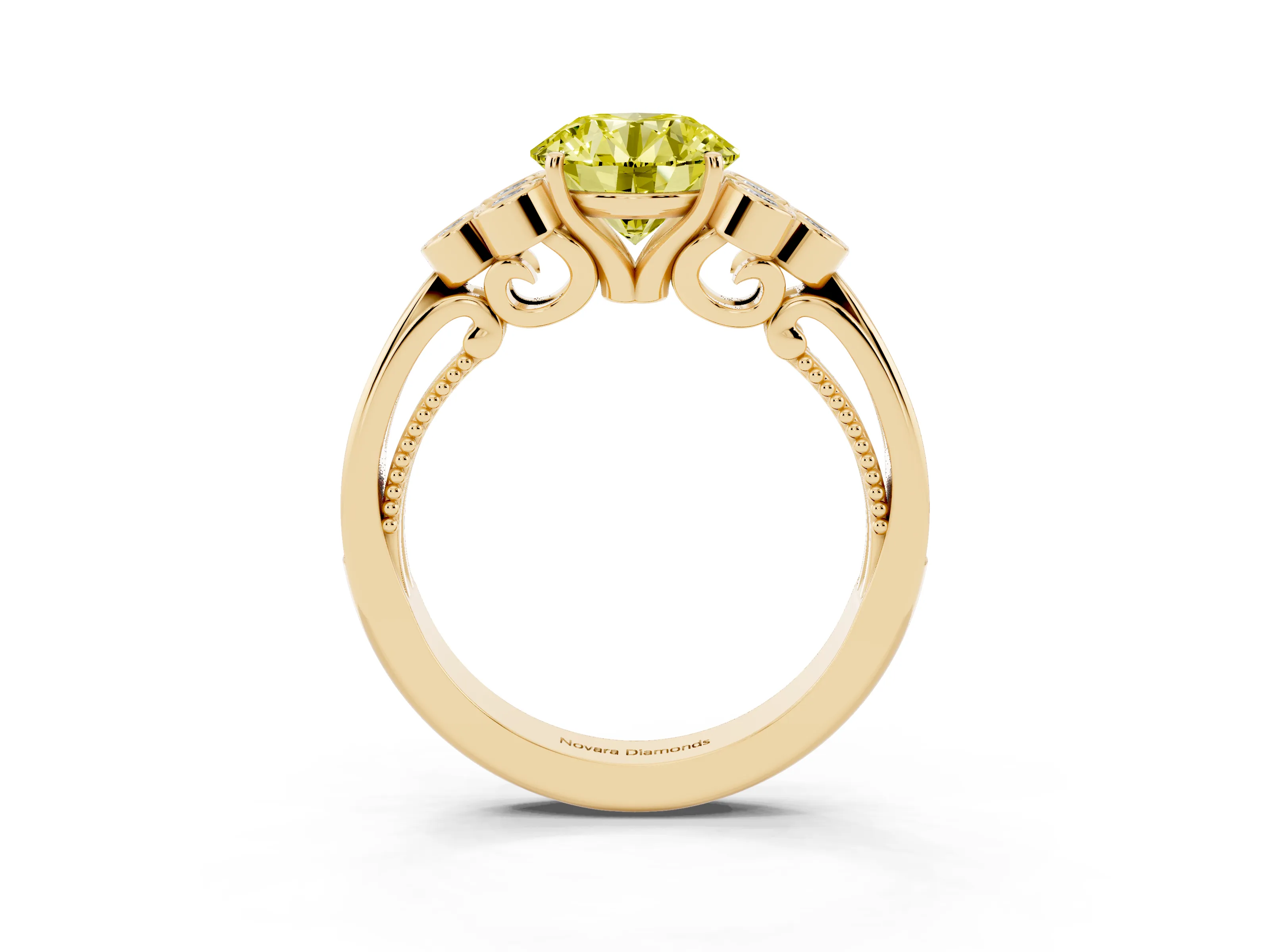 Fancy Yellow Round Cut Diamond Engagement Ring Set in Yellow gold with Bezel Set Round Side Stones and Prong Setting