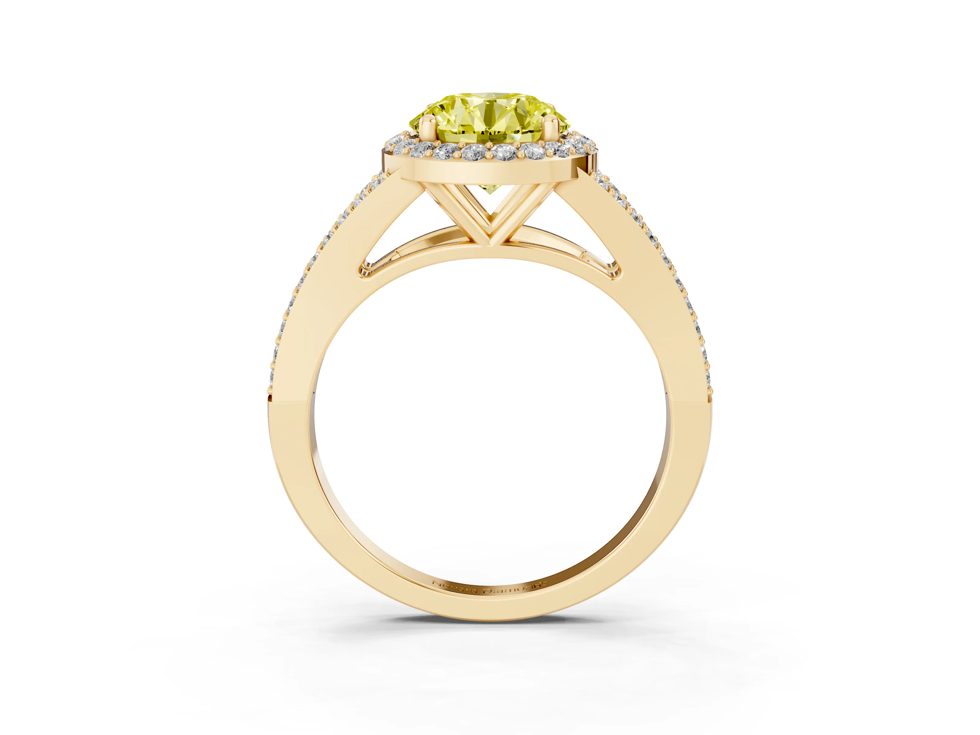 Fancy Yellow Round Cut Diamond Halo Split Shank Pavé Ring Set in Yellow gold with Prong Setting
