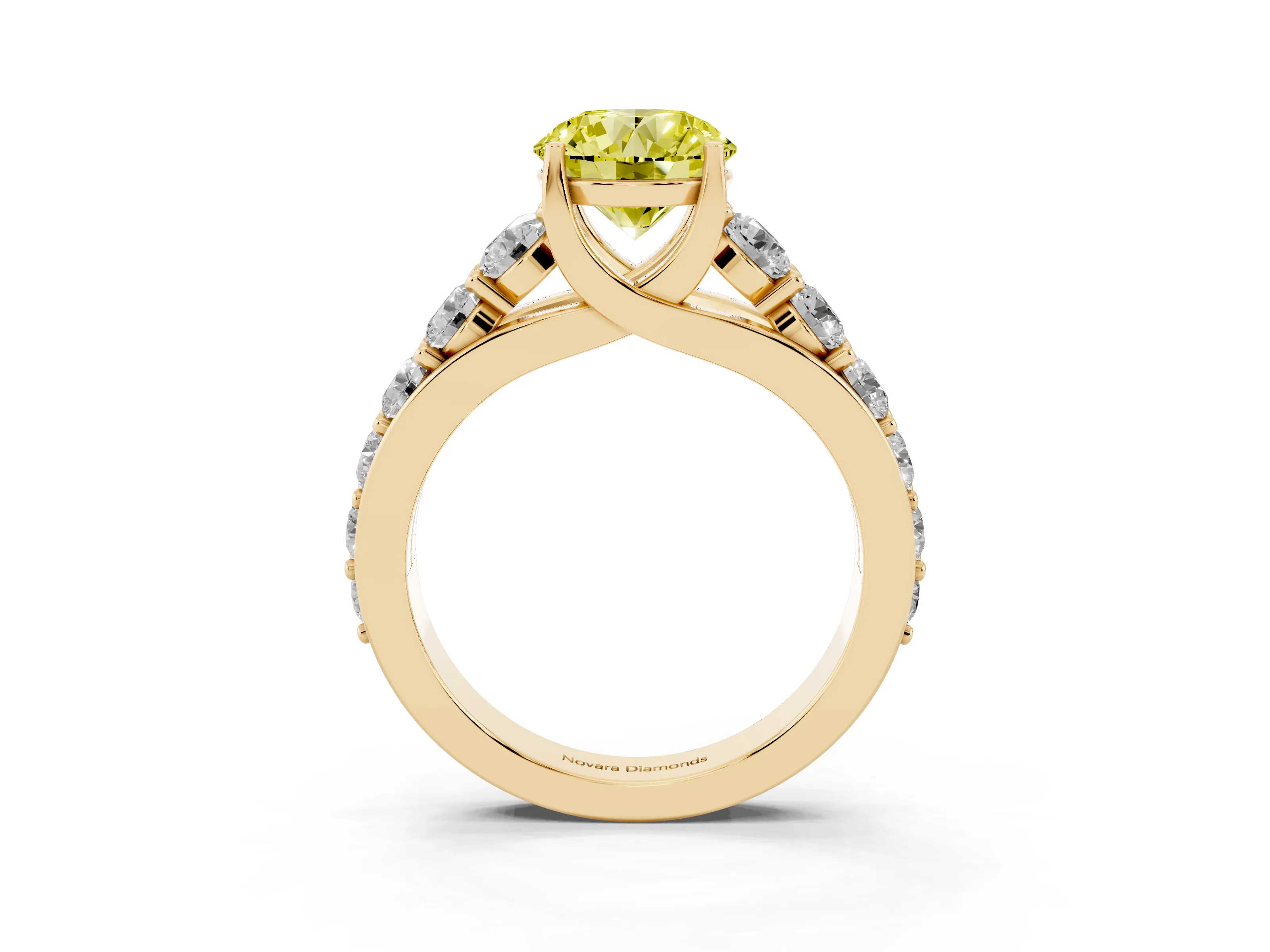 Fancy Yellow Round Cut Diamond Pavé Engagement Ring Set in Yellow gold with Prong Setting