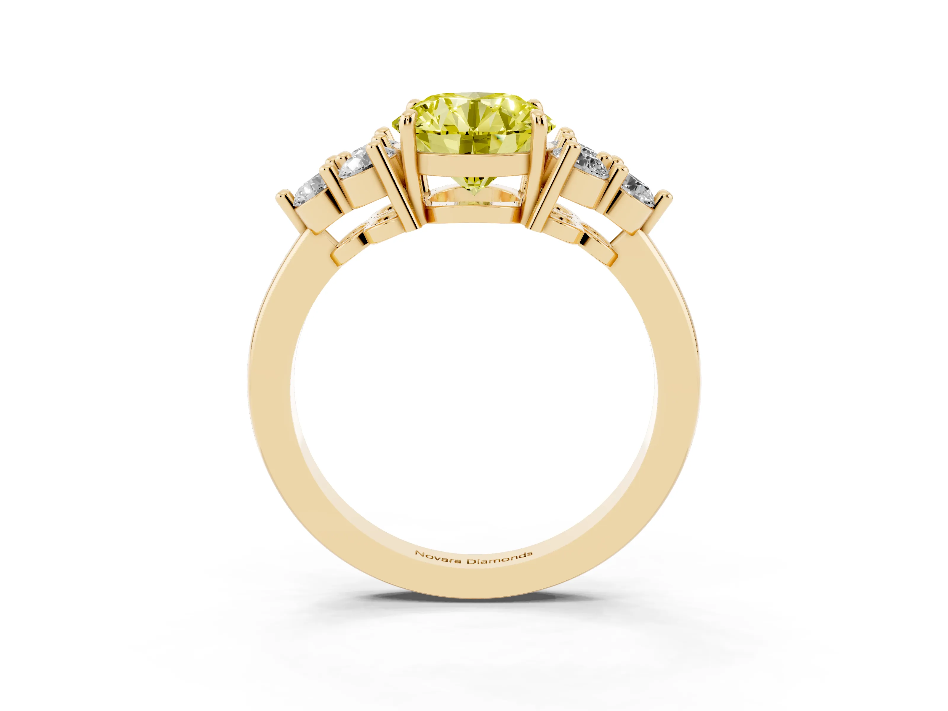 Fancy Yellow Round Cut Diamond Solitaire Ring Set in Yellow gold with Cluster Accents on Each Side