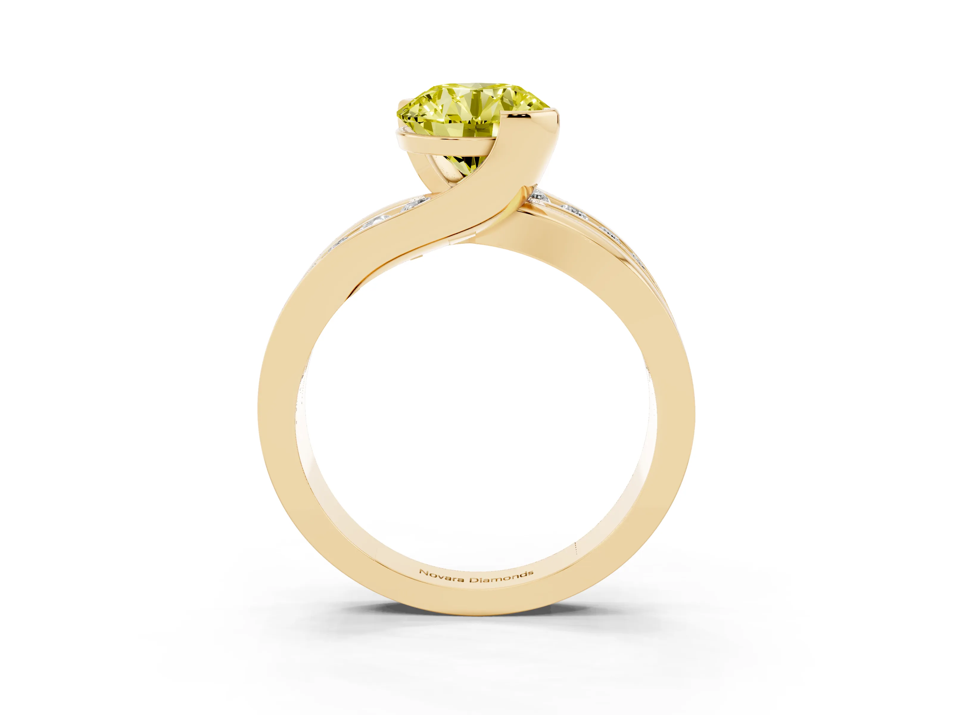 Fancy Yellow Round Cut Diamond Solitaire Ring Set in Yellow gold with Channel Set Split Shank and Tension Prongs