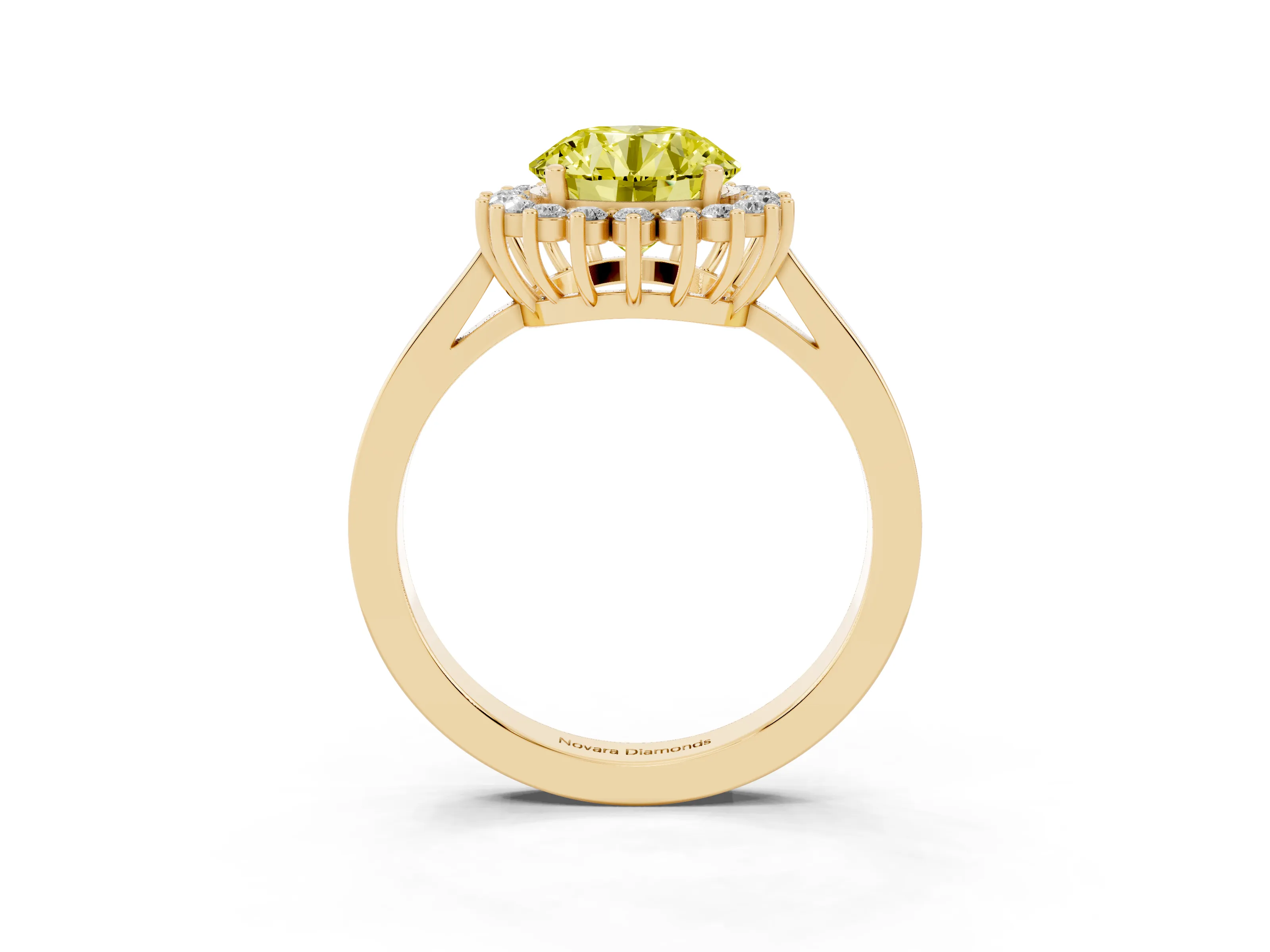 Fancy Yellow Round Cut Diamond Halo Ring Set in Yellow gold with Round Halo and Smooth Solitaire Band