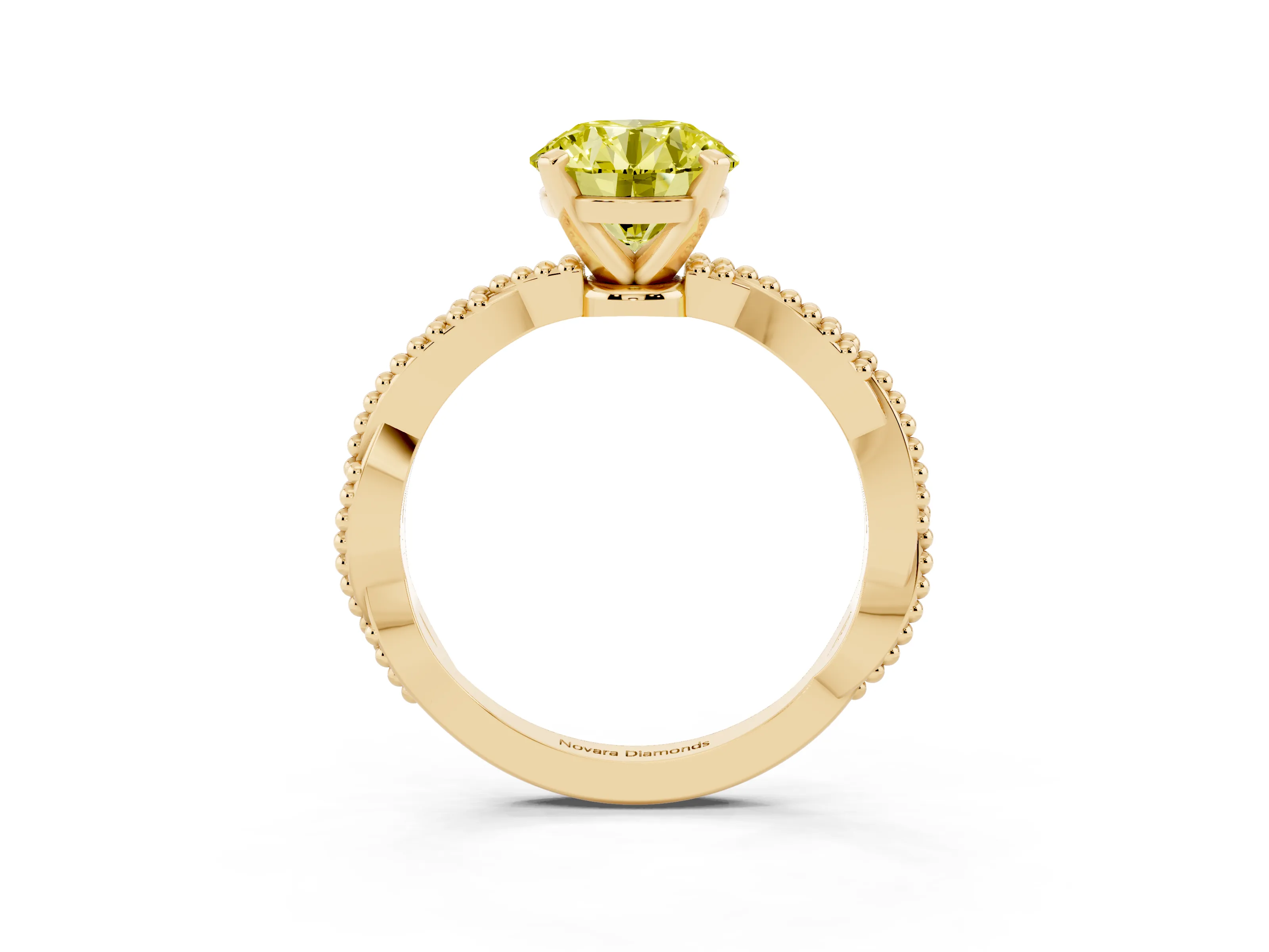 Fancy Yellow Round Cut Diamond Solitaire Ring Set in Yellow gold with Twisted Band and Bead Prong Setting