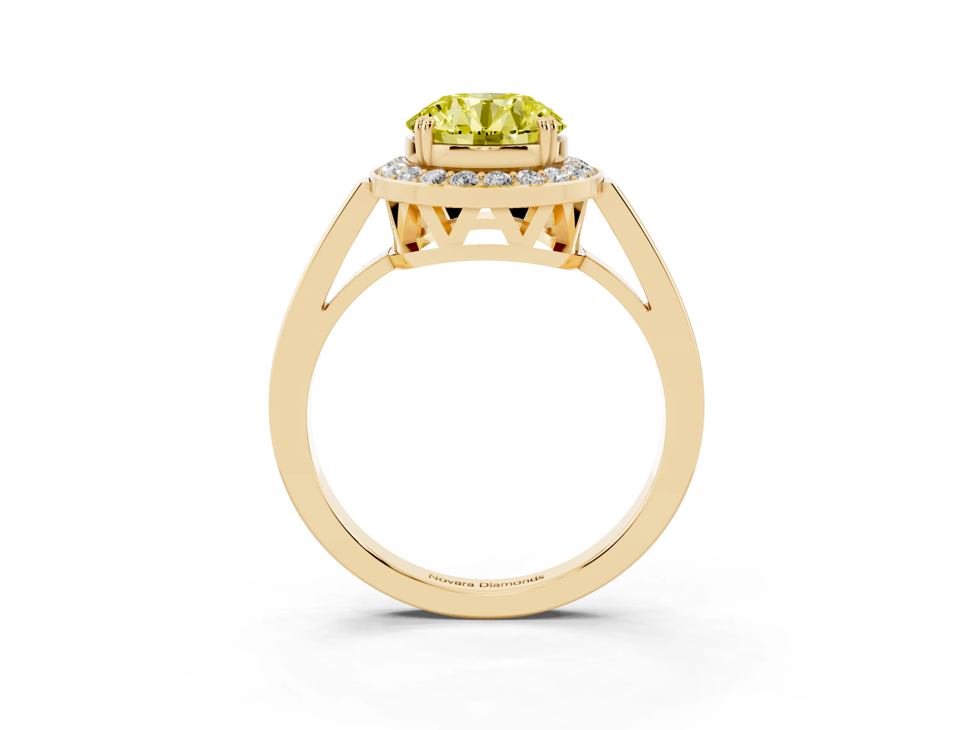 Fancy Yellow Round Cut Diamond Halo Ring Set in Yellow gold with Accent-Lined Split Shank and Prong Setting