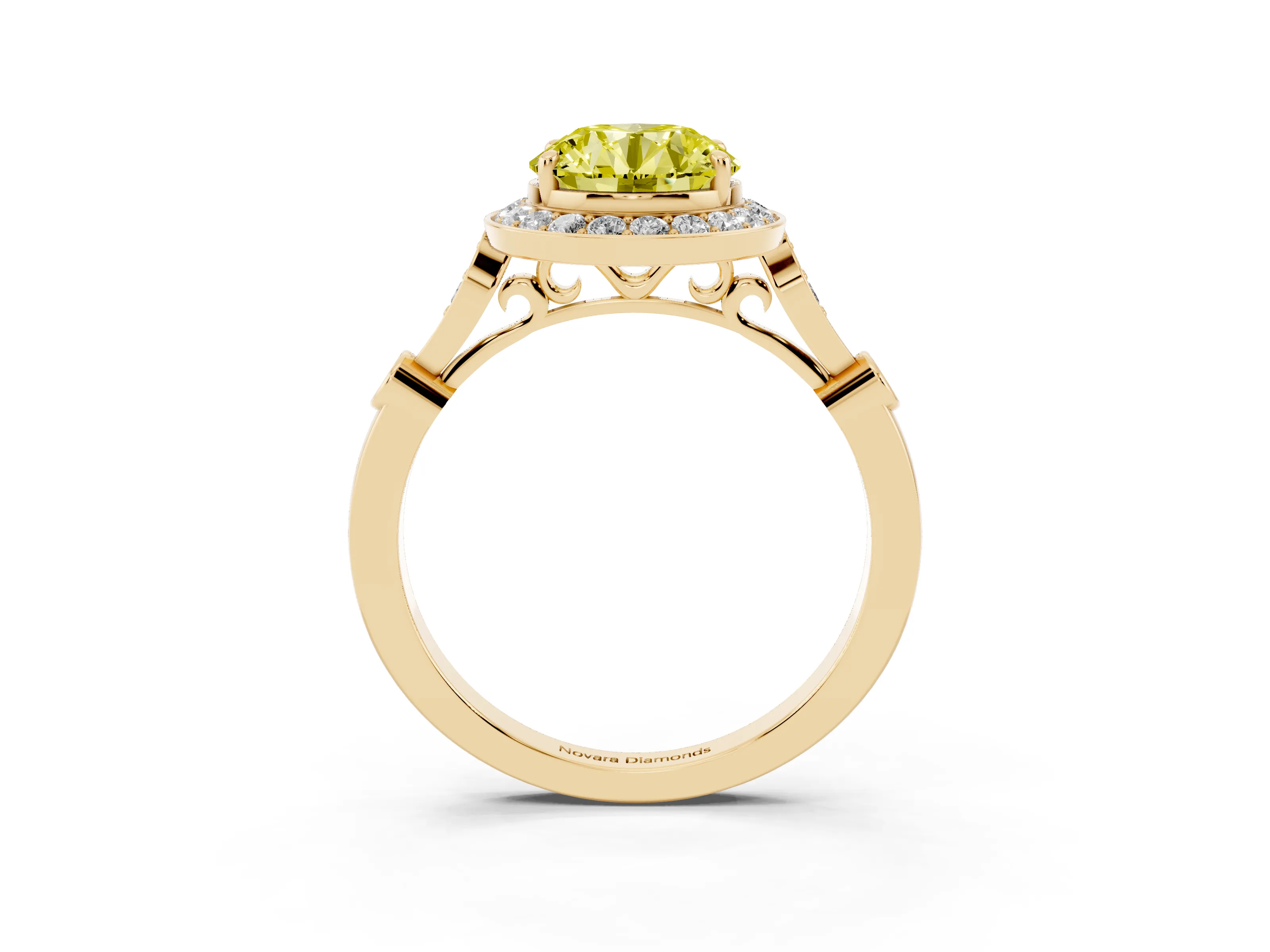 Fancy Yellow Round Cut Diamond Halo Engagement Ring Set in Yellow gold with Twisted Band and Prong Setting