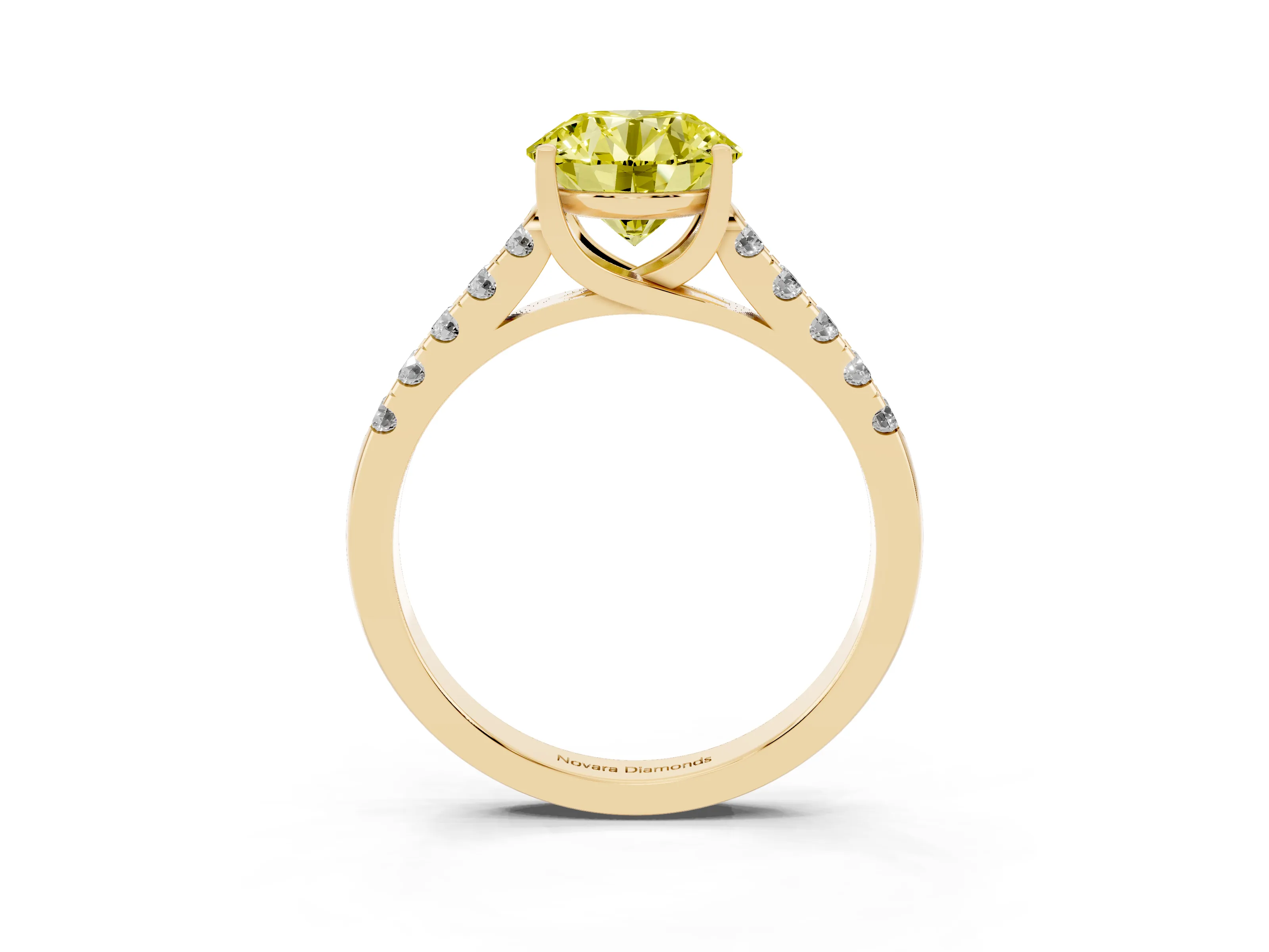 Fancy Yellow Round Cut Diamond Pavé Band Solitaire Ring Set in Yellow gold with Partway Accent Stones and Prong Setting