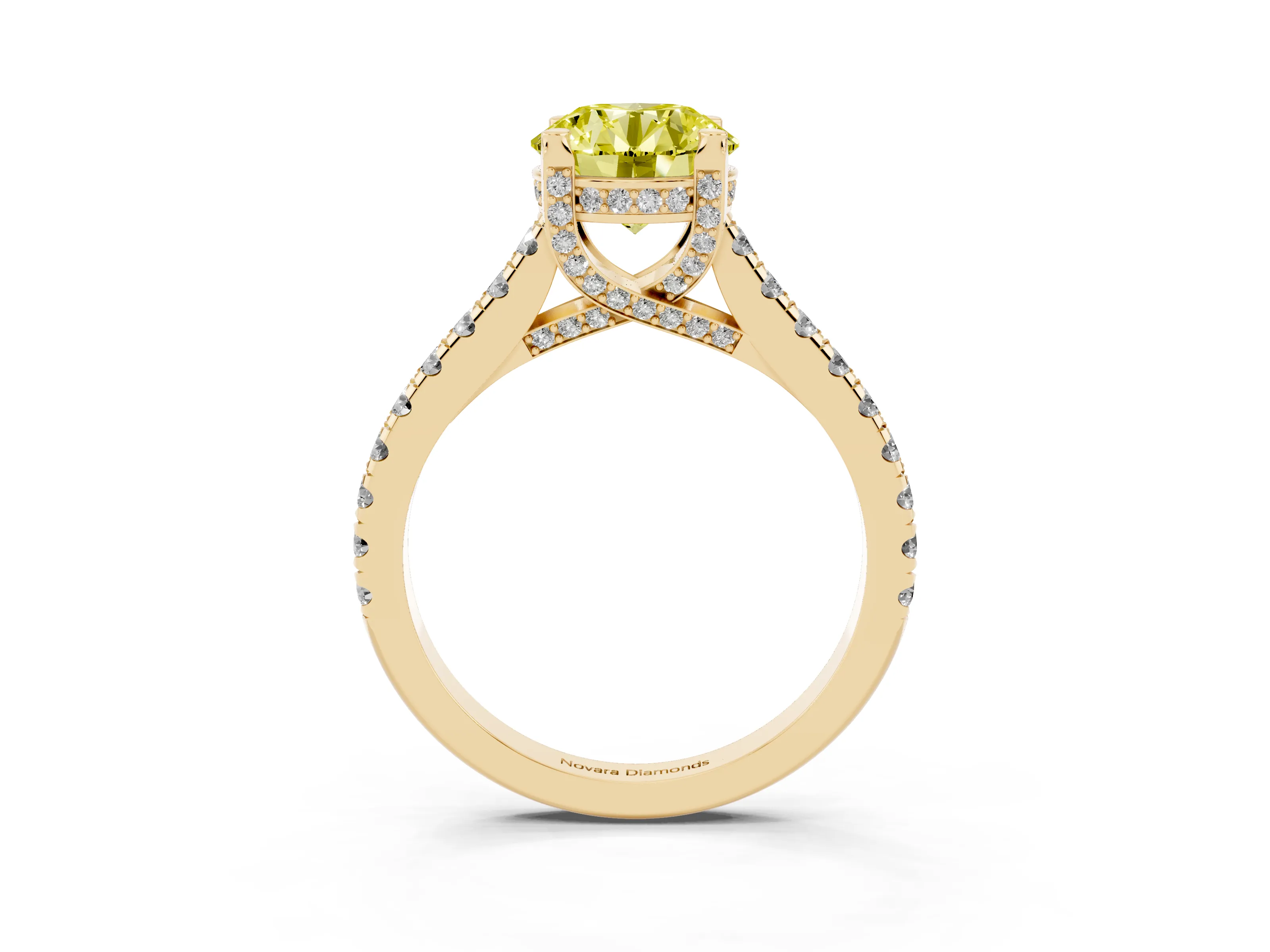 Fancy Yellow Round Cut Diamond Solitaire Ring Set in Yellow gold with Brilliant Pavé Band and Prong Setting