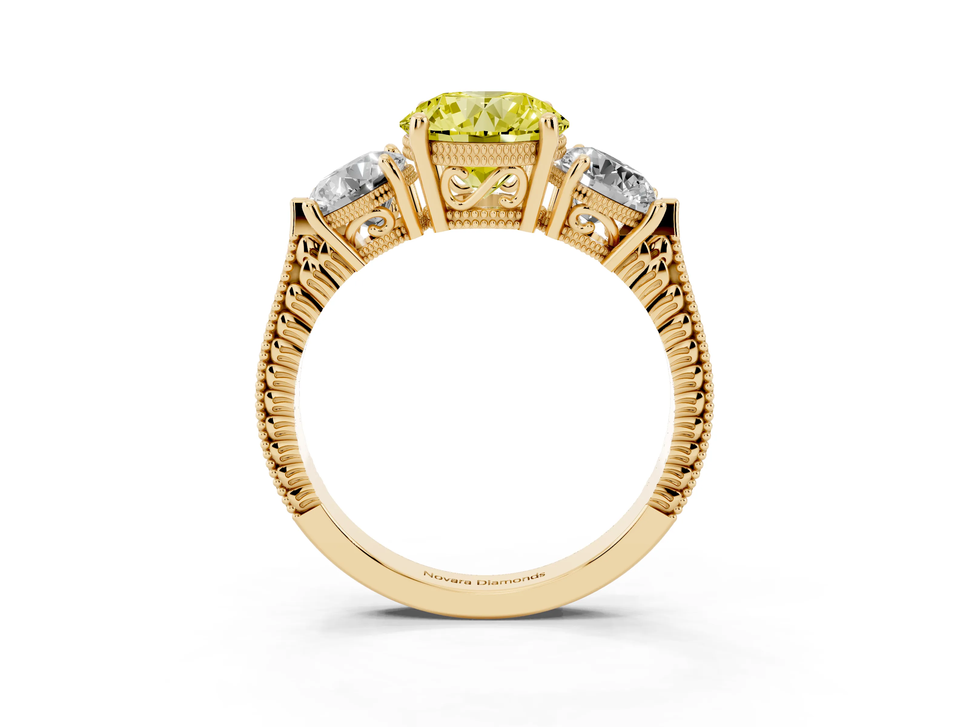Fancy Yellow Round Cut Diamond Three-Stone Ring Set in Yellow gold with Milgrain Band