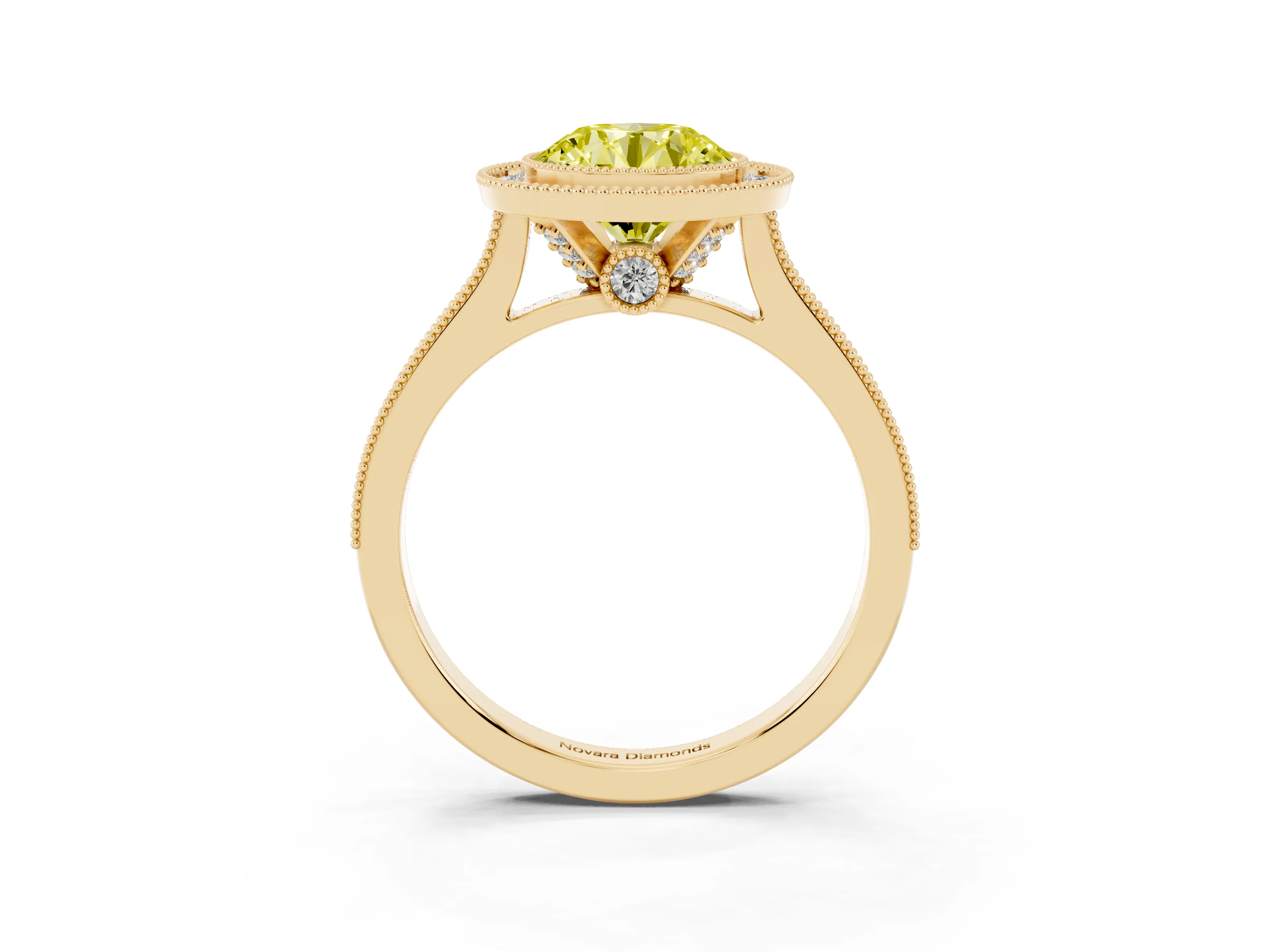 Fancy Yellow Round Cut Diamond Halo Milgrain Pavé Band Ring Set in Yellow gold with Prong Setting