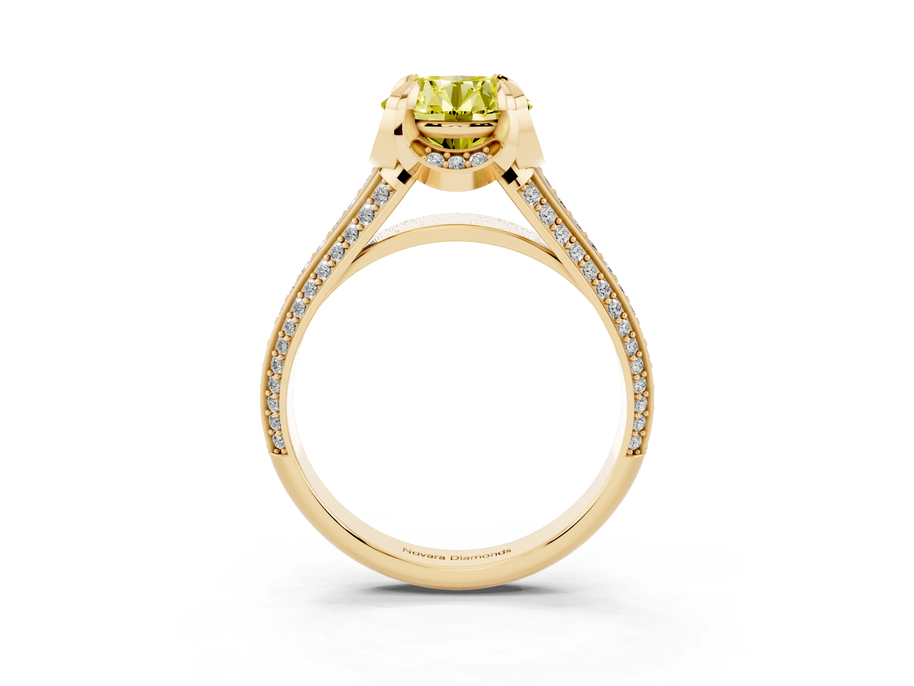 Fancy Yellow Round Cut Diamond Pavé Split Shank Solitaire Ring Set in Yellow gold with Prong Setting