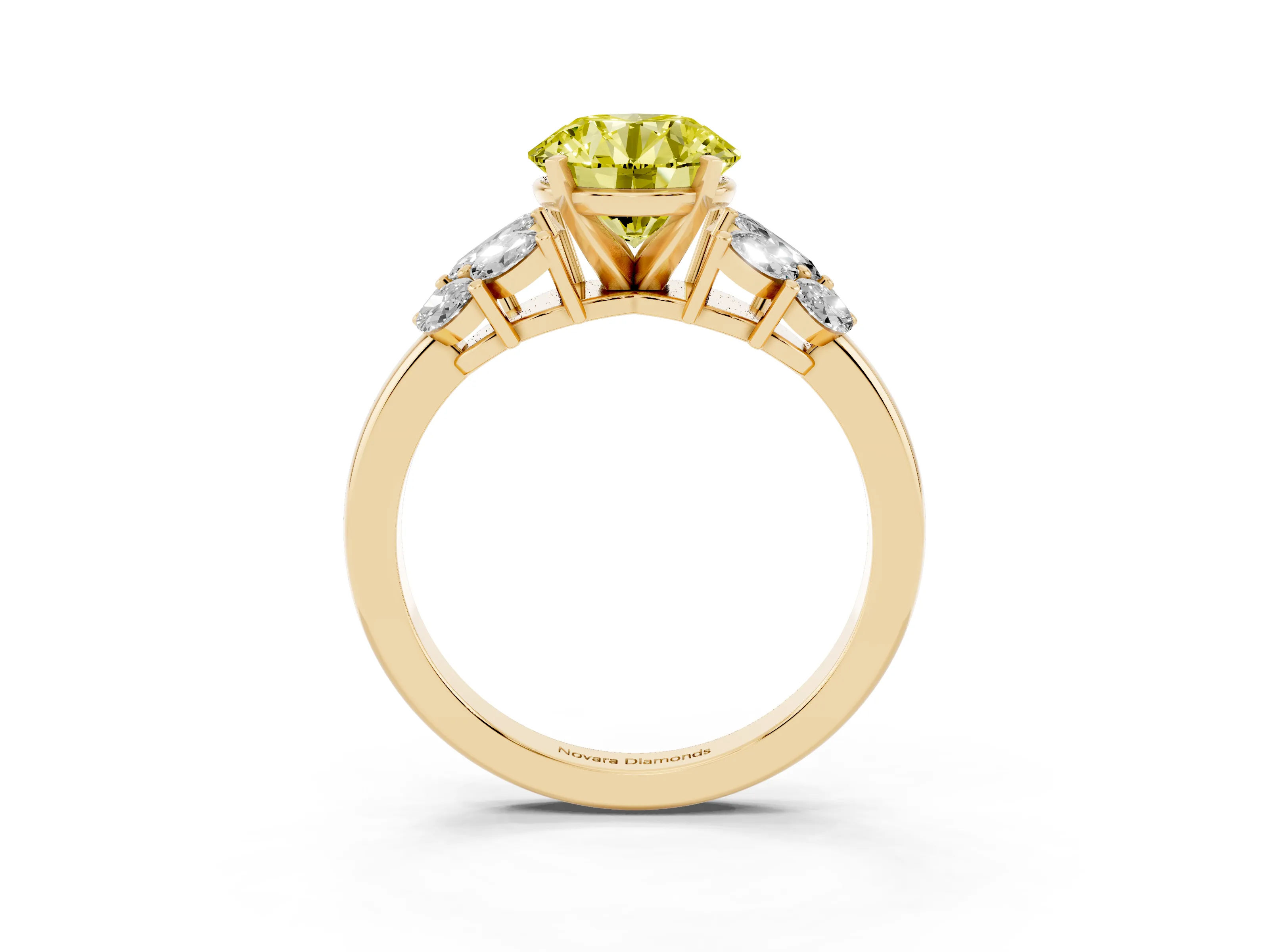 Fancy Yellow Round Cut Diamond Cluster Leaf Design Ring Set in Yellow gold with Prong Setting