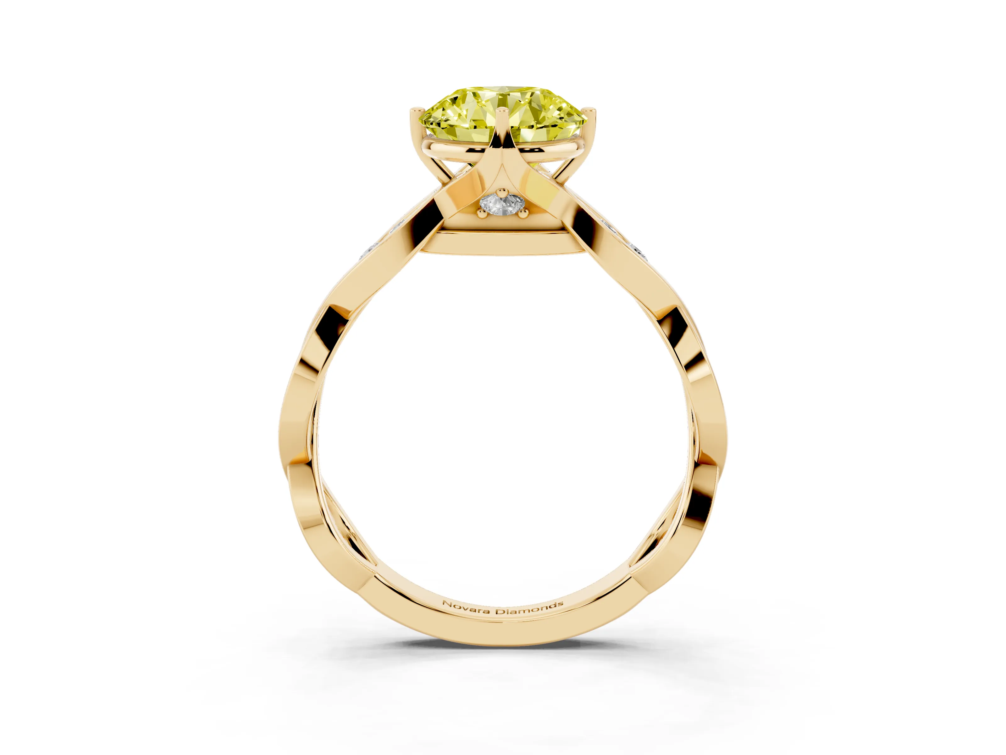 Fancy Yellow Round Cut Diamond Twist Band Solitaire Ring Set in Yellow gold with Leaf Prong Setting and Accent Stones