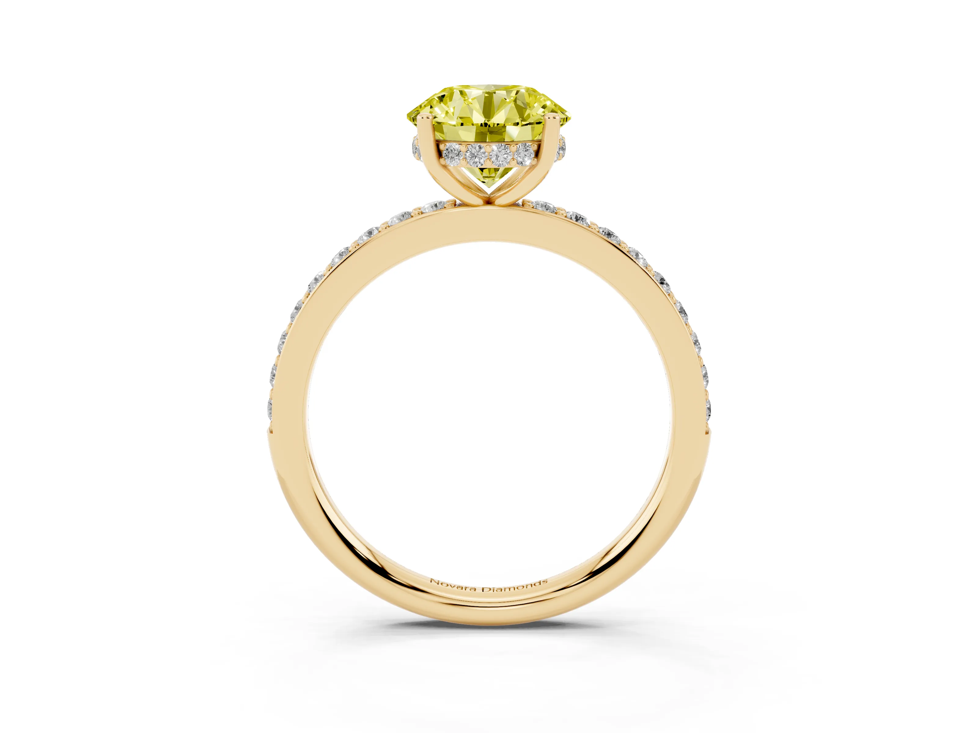 Fancy Yellow Round Cut Diamond Pavé Band Ring Set in Yellow gold with Prong-Set Center Stone
