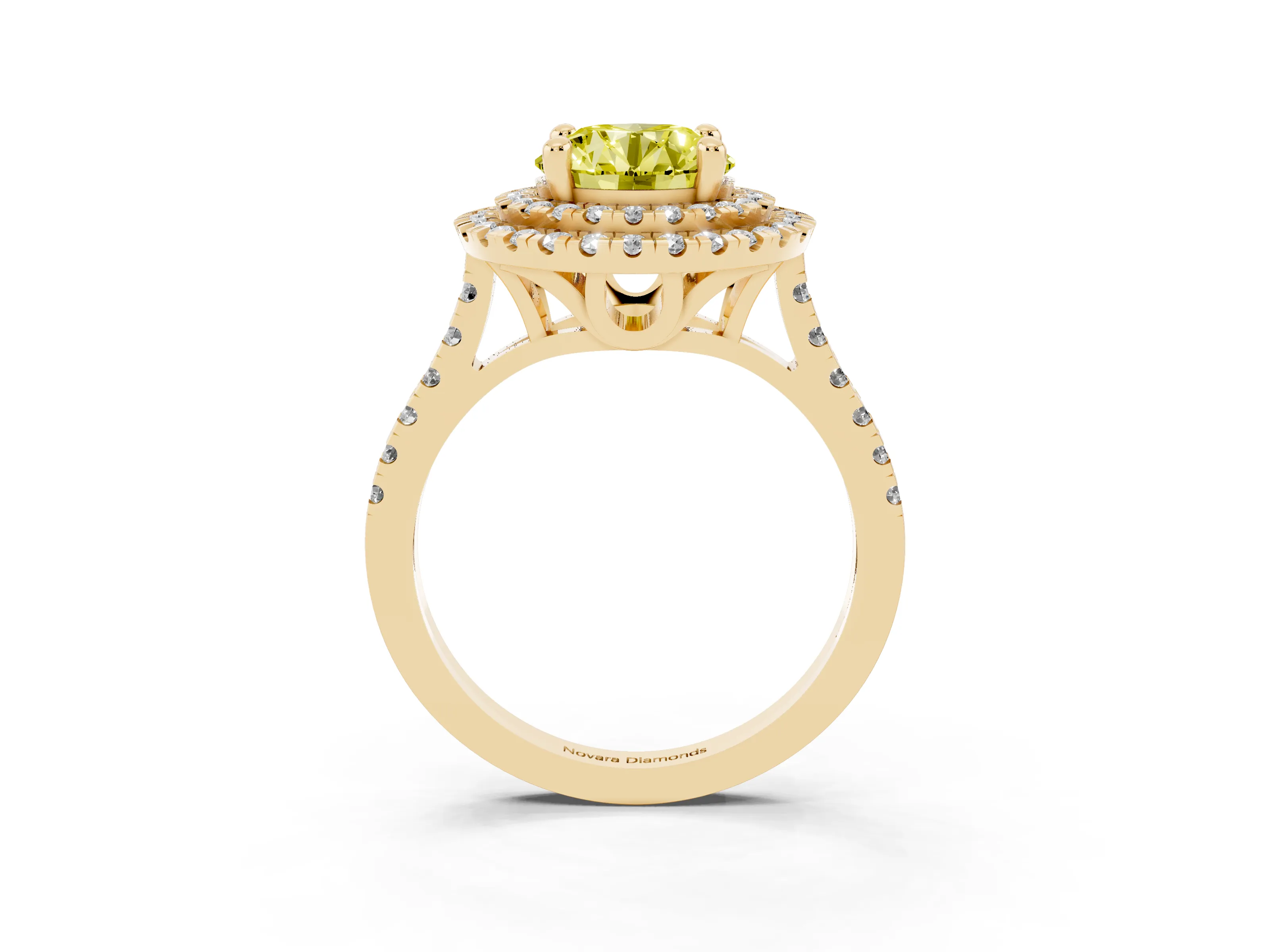 Fancy Yellow Round Cut Diamond Double Halo Statement Ring Set in Yellow gold with Pavé Band