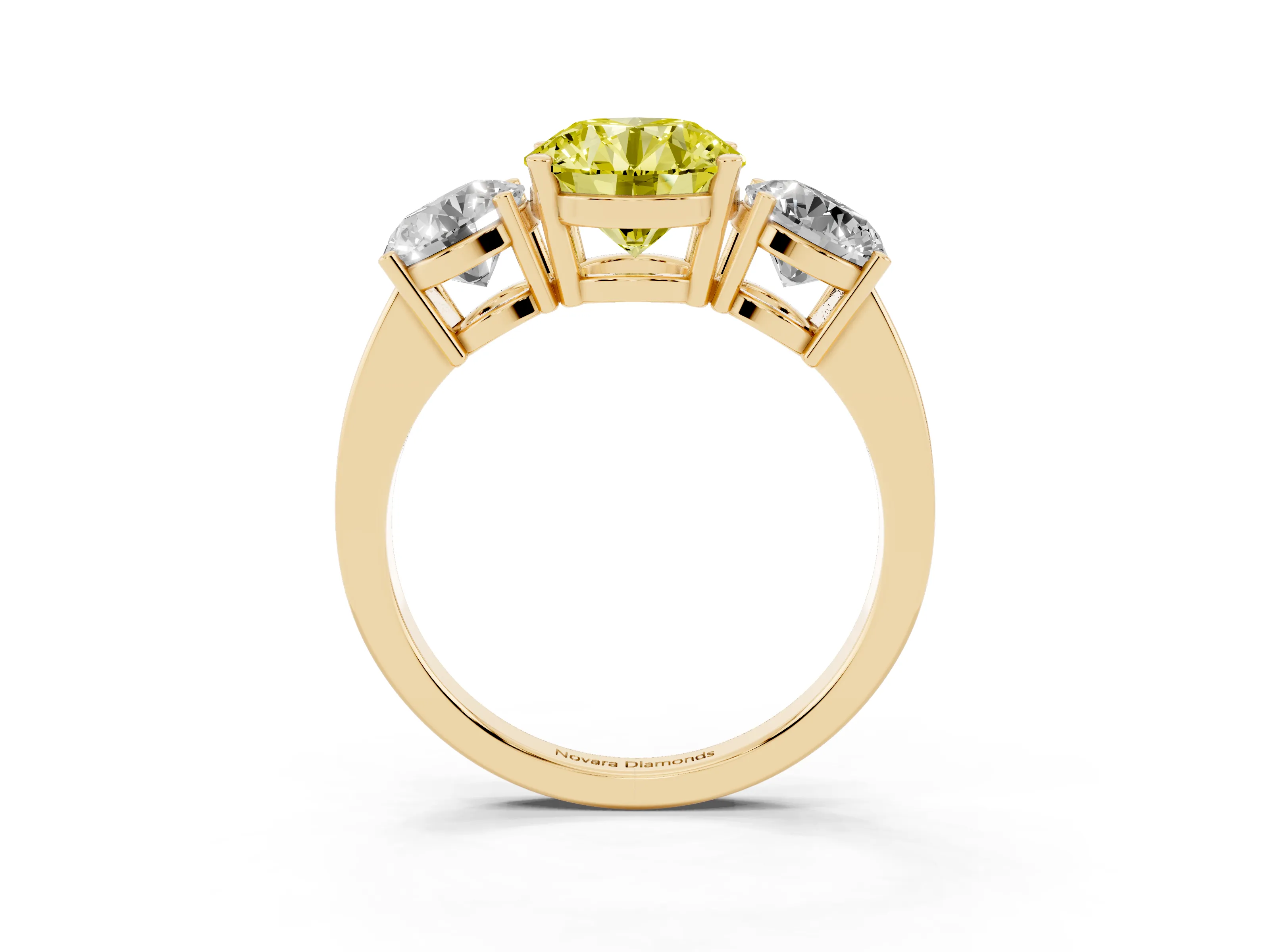 Fancy Yellow Round Cut Diamond Three-Stone Engagement Ring Set in Yellow gold with Flat Band