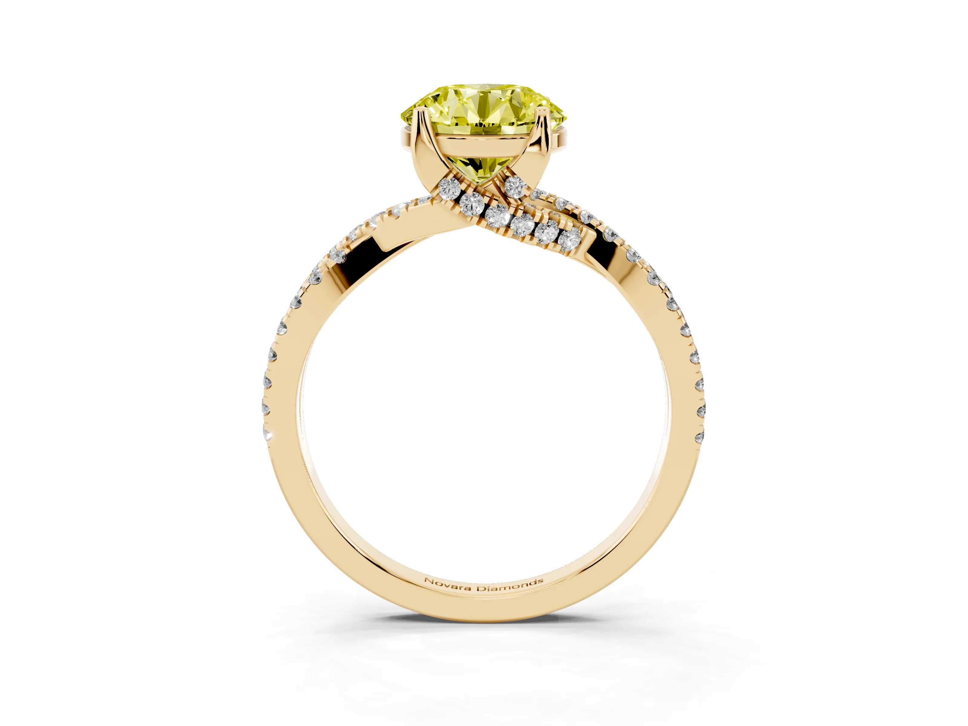 Fancy Yellow Round Cut Diamond Twist Pavé Solitaire Engagement Ring Set in Yellow gold with Prong Setting