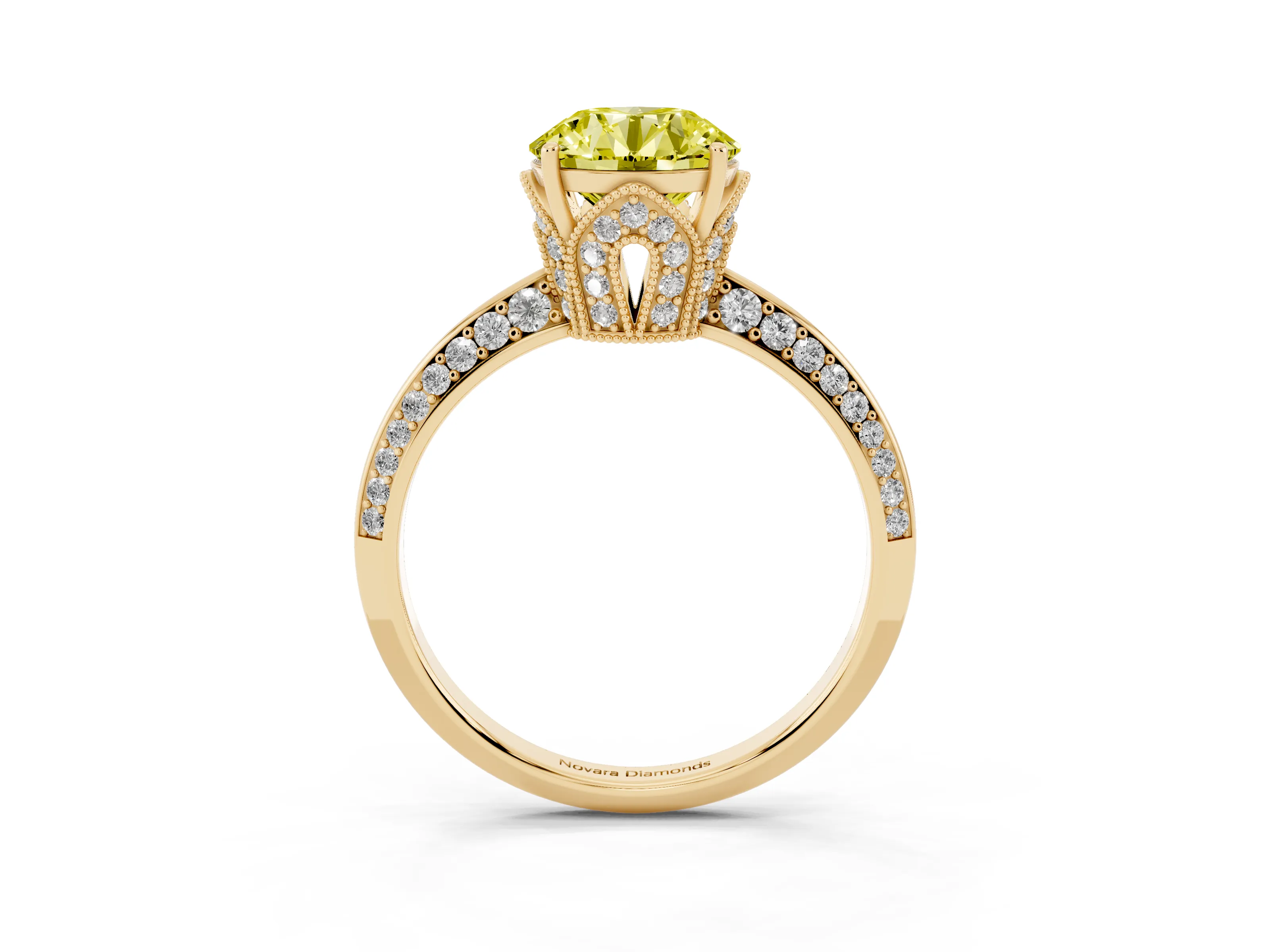 Fancy Yellow Round Cut Diamond Solitaire Engagement Ring Set in Yellow gold with Pavé Split Shank and Prong Setting