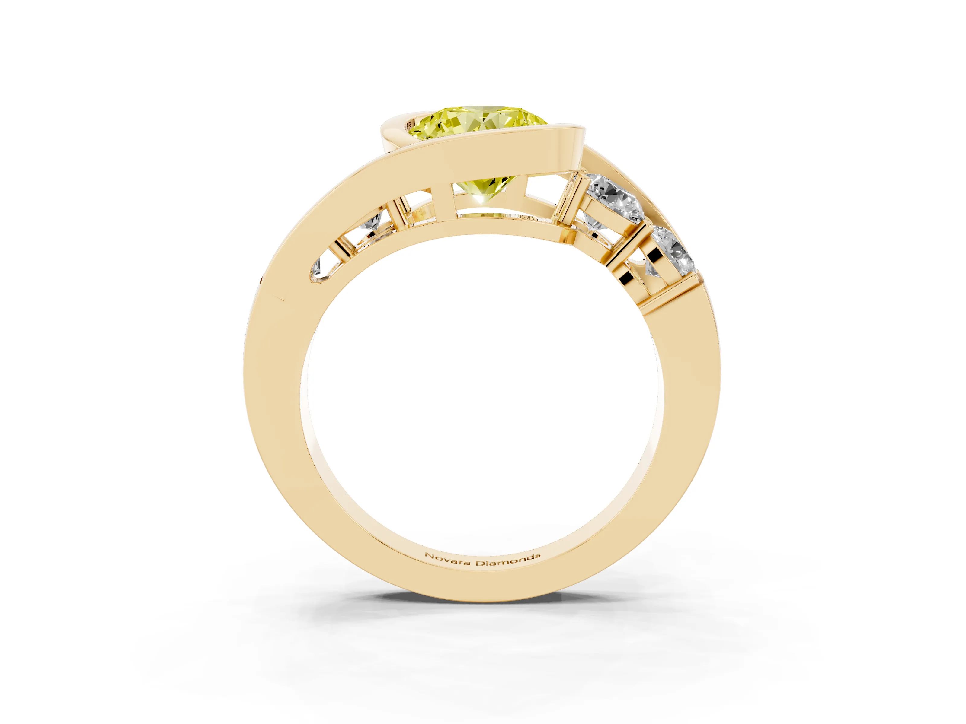 Fancy Yellow Round Cut Diamond Bezel Bypass Ring Set in Yellow gold with Round Accents