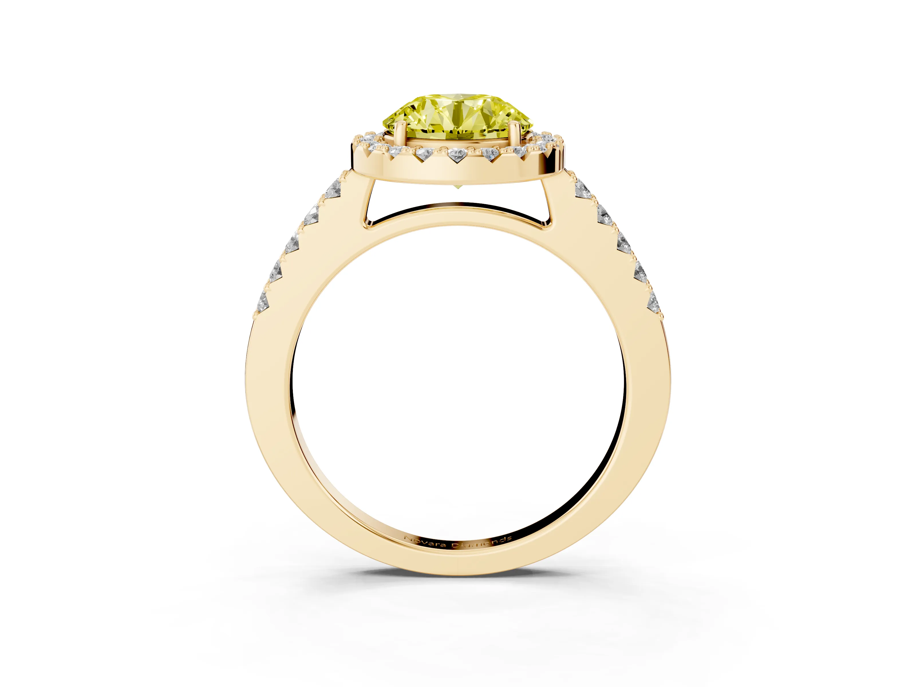 Fancy Yellow Round Cut Diamond Halo Pavé Solitaire Ring Set in Yellow gold with Prong-Set Center Stone