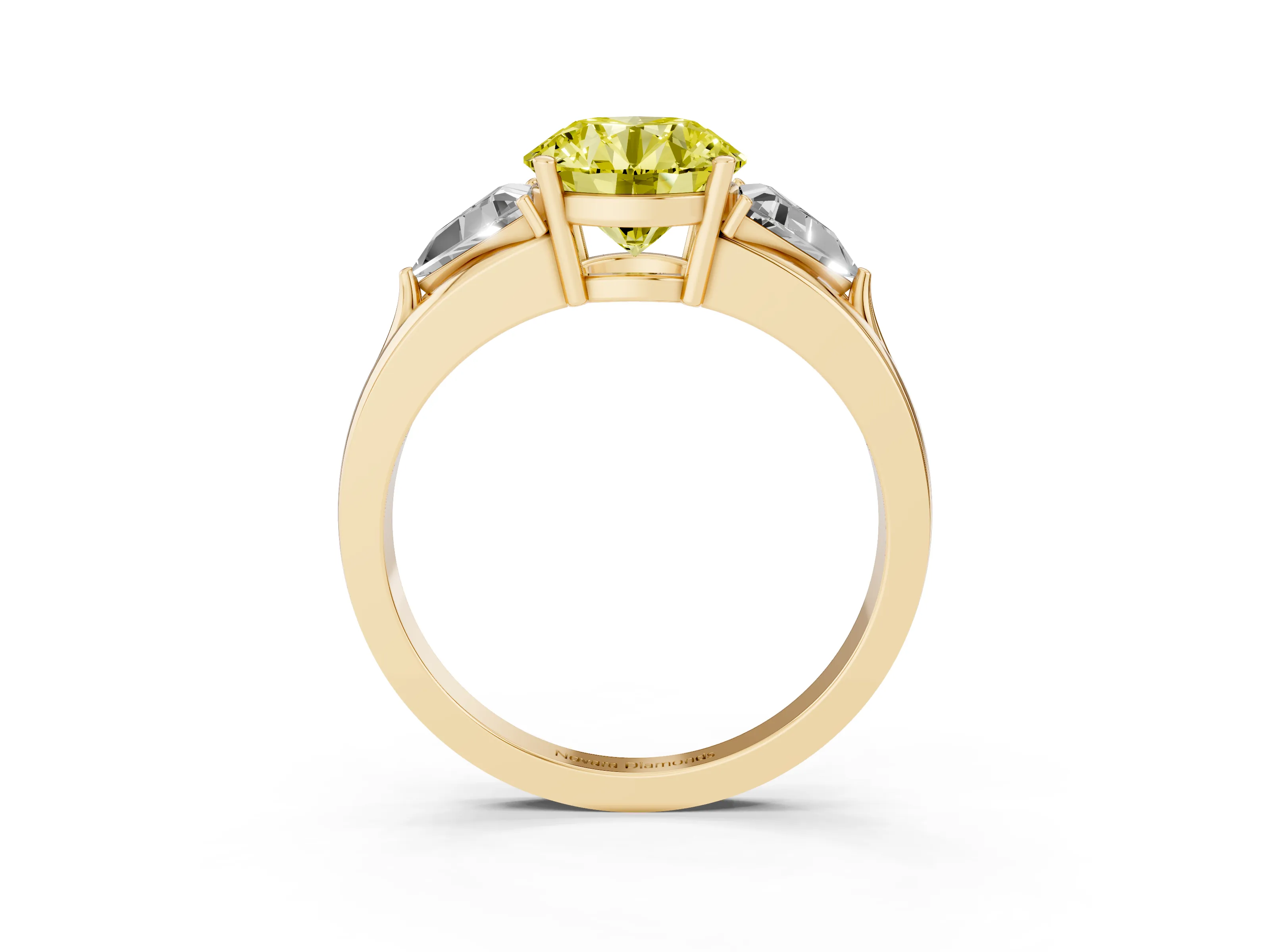 Fancy Yellow Round Cut Diamond Three-Stone Ring Set in Yellow gold with Trillion Side Stones and Split Shank