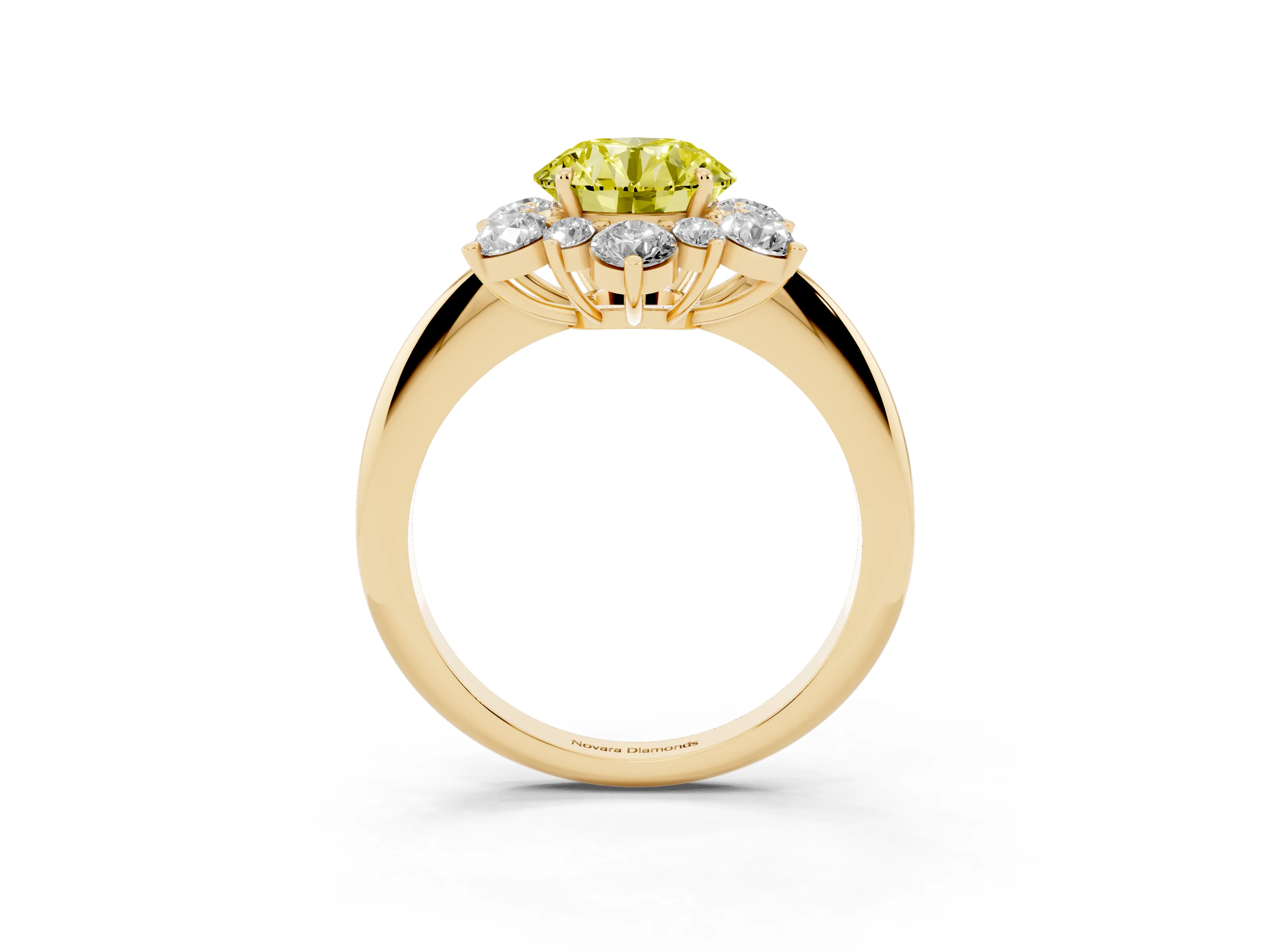 Fancy Yellow Round Cut Diamond Cluster Halo Ring Set in Yellow gold with Solitaire Band and Prong Setting