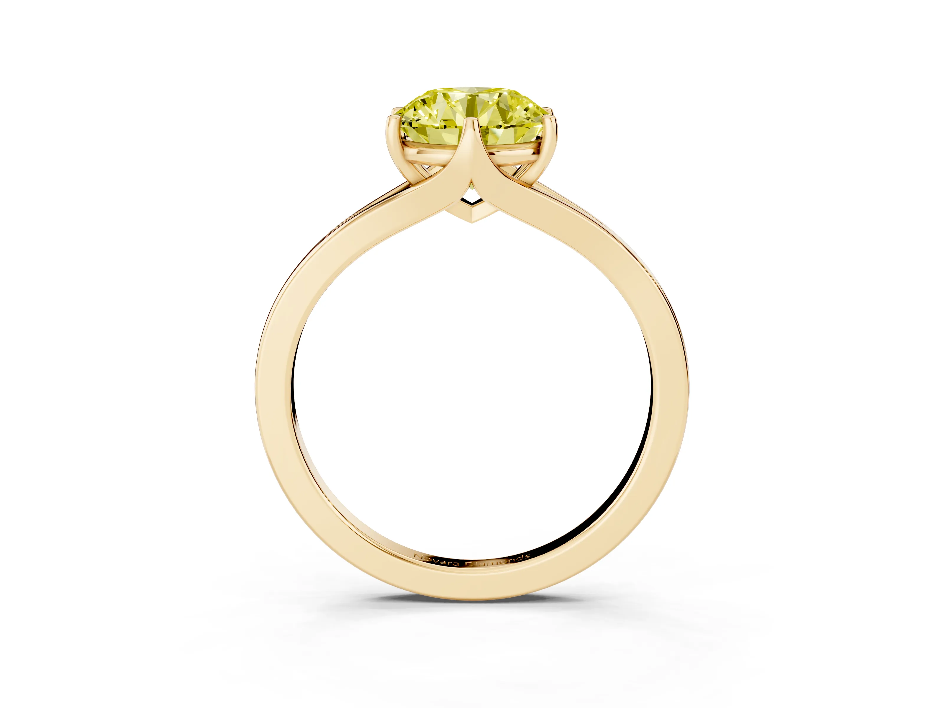 Fancy Yellow Round Cut Diamond Solitaire Ring Set in Yellow gold with Polished Tapered Band and Prong Setting