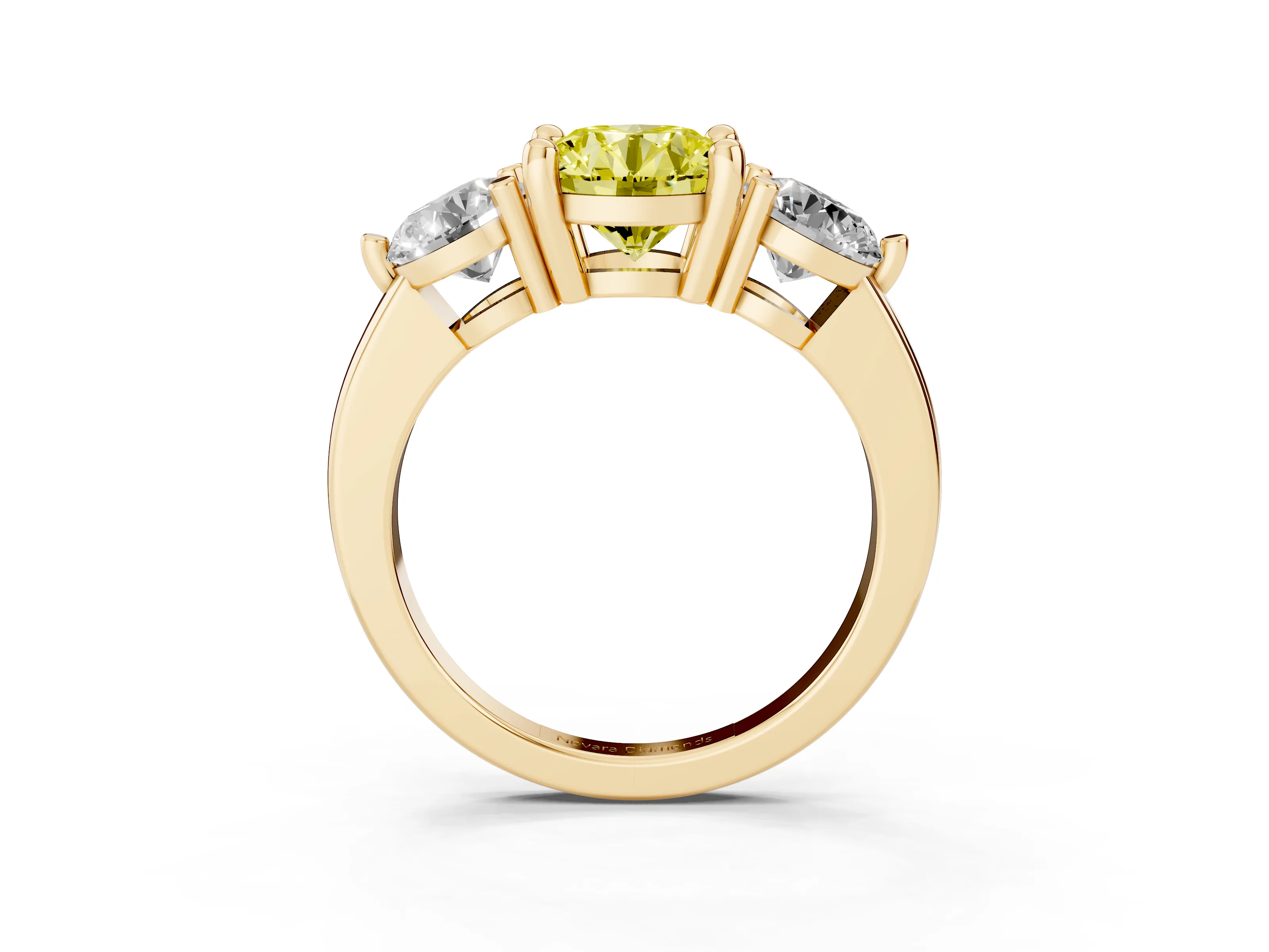Fancy Yellow Round Cut Diamond Three-Stone Ring Set in Yellow gold with Prong Setting and Classic Band