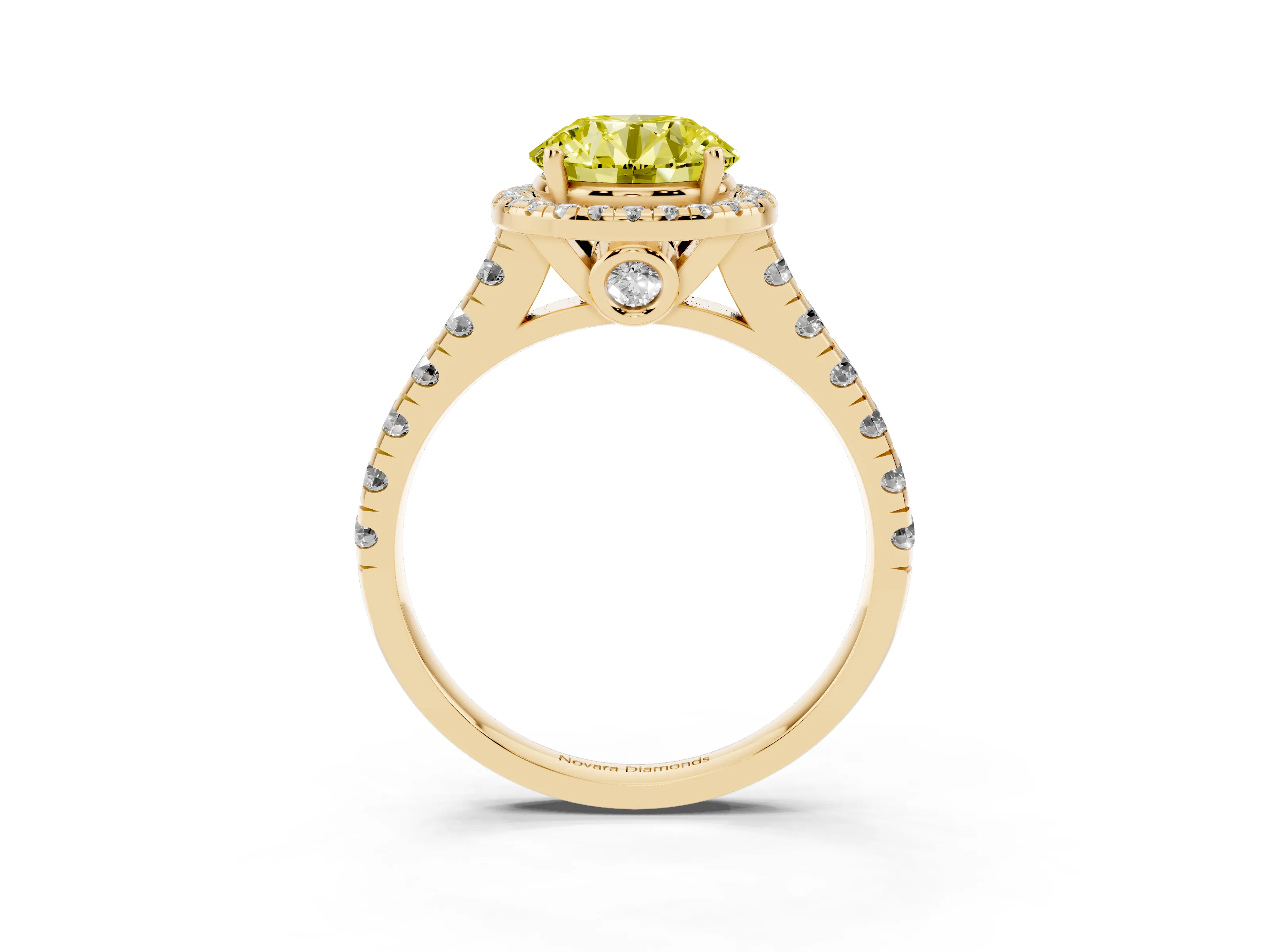Fancy Yellow Round Cut Diamond Halo Engagement Ring Set in Yellow gold with Pavé Band and Prong-Set Center