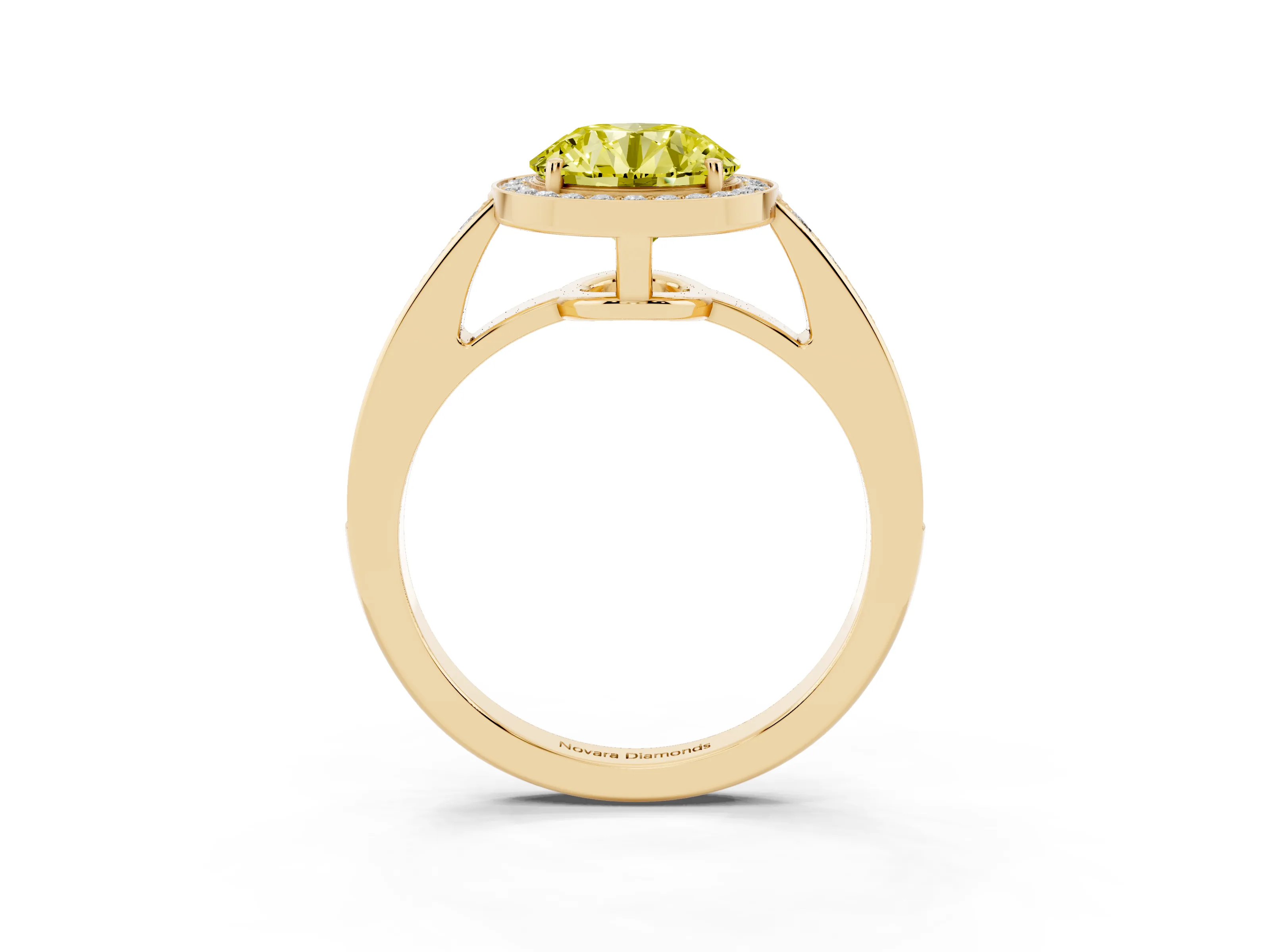 Fancy Yellow Round Cut Diamond Halo Pavé Engagement Ring Set in Yellow gold with Bezel Setting
