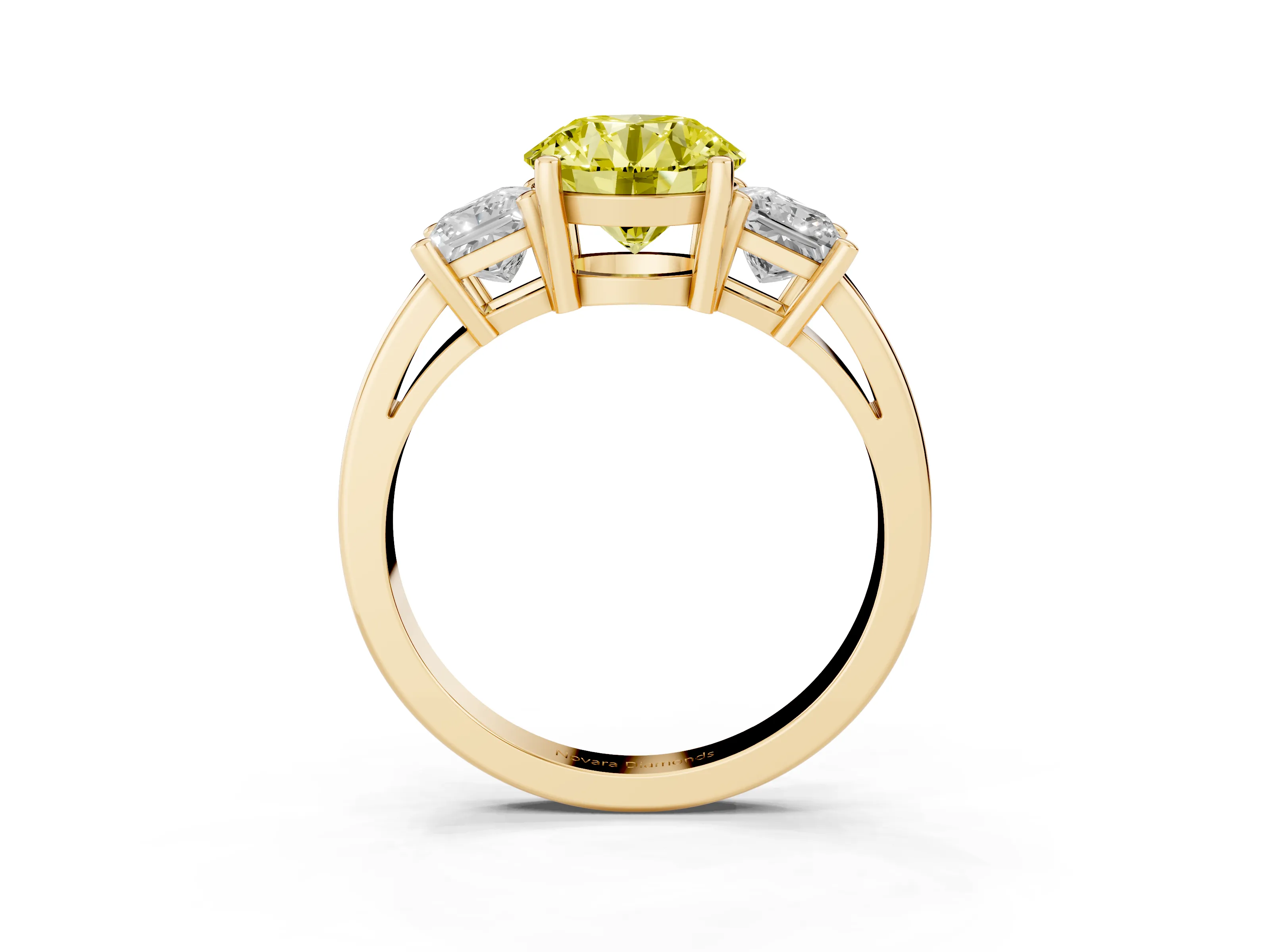 Fancy Yellow Three-Stone Round Cut Diamond Solitaire Ring Set in Yellow gold with Prong Setting