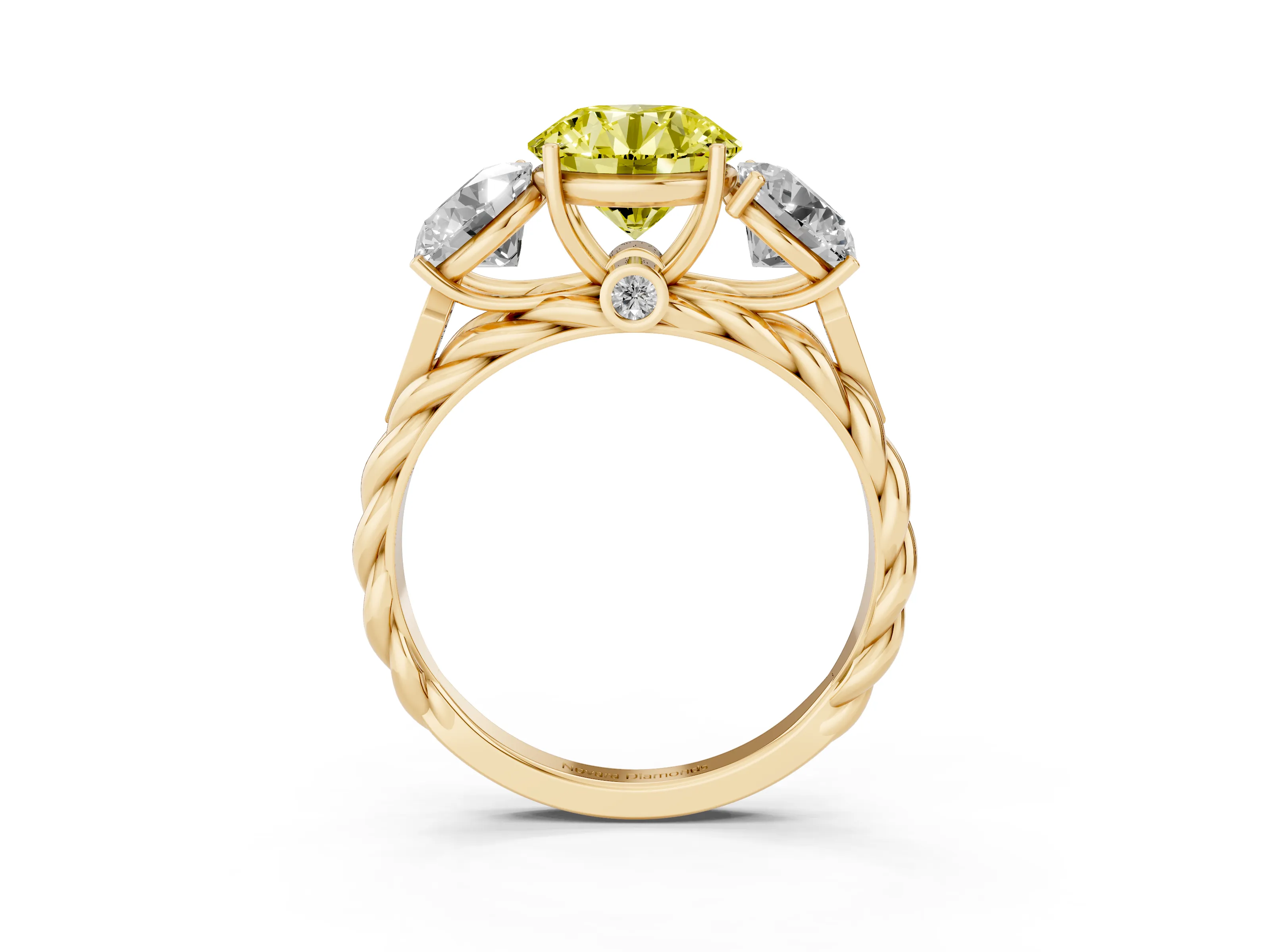 Fancy Yellow Round Cut Diamond Three-Stone Ring Set in Yellow gold with Braided Band