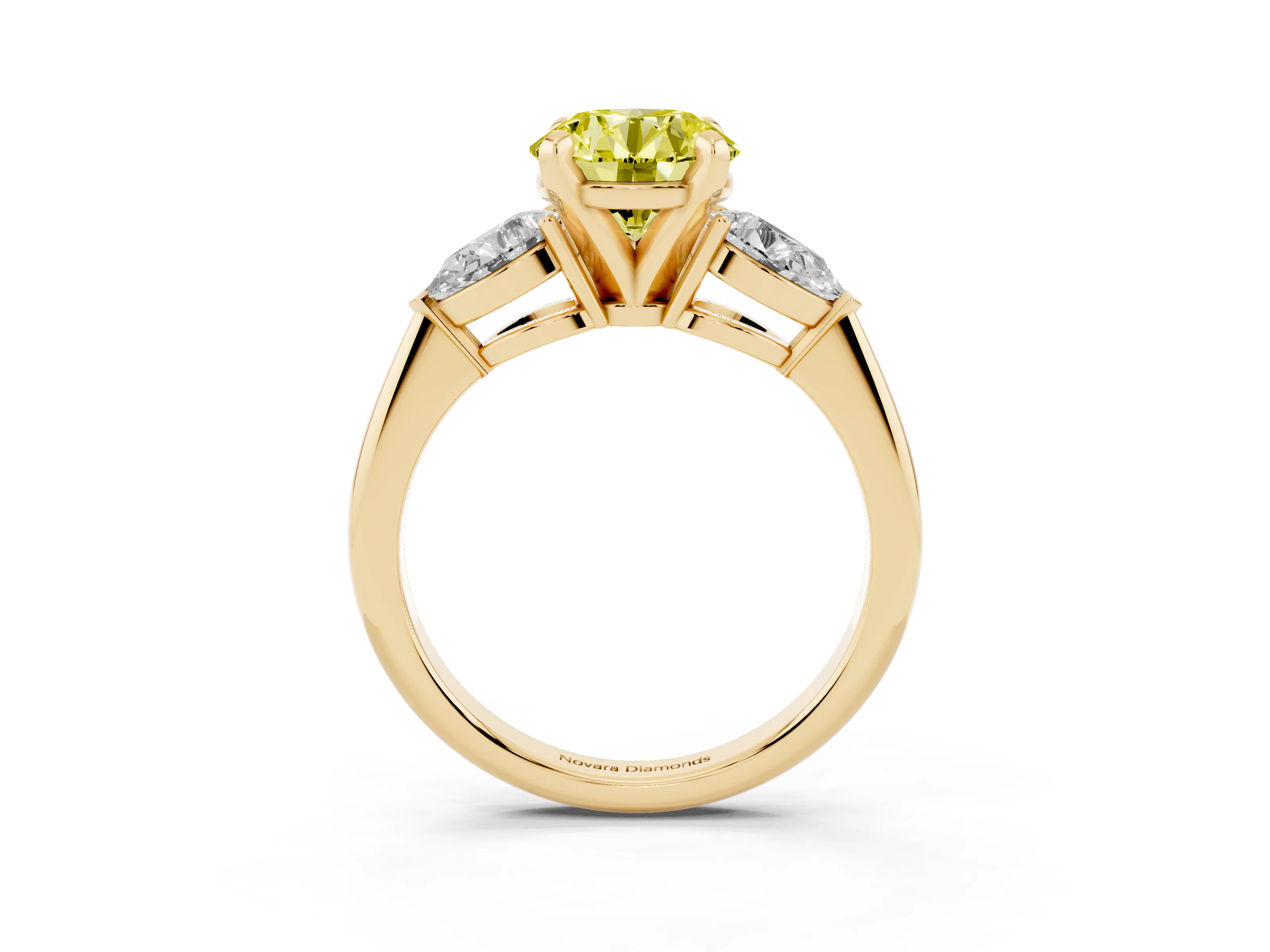 Fancy Yellow Three-Stone Round Cut Diamond Ring Set in Yellow gold with Pear Side Stones and Prong Setting