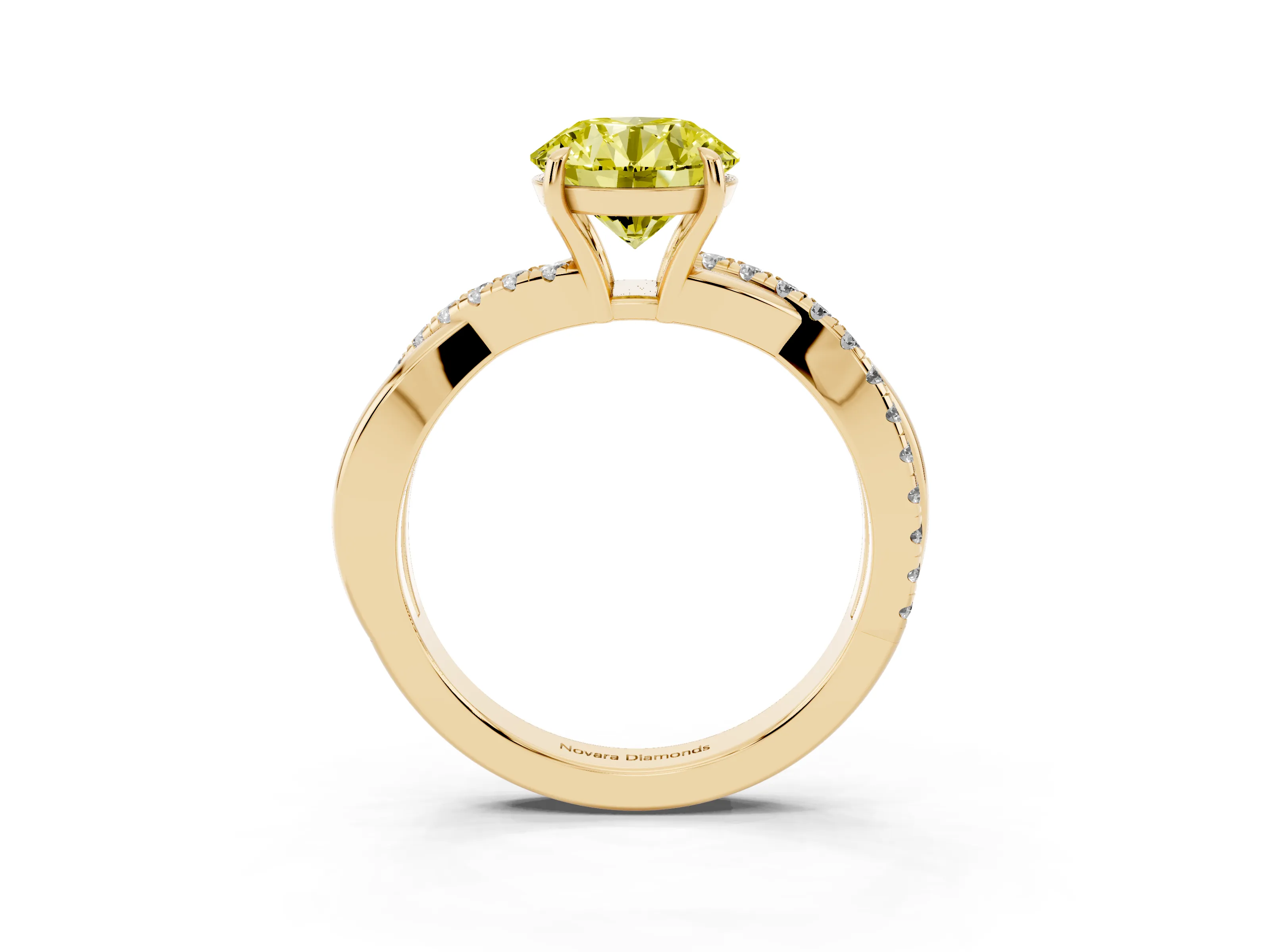 Fancy Yellow Round Cut Diamond Twisted Pavé Band Ring Set in Yellow gold with Prong Setting