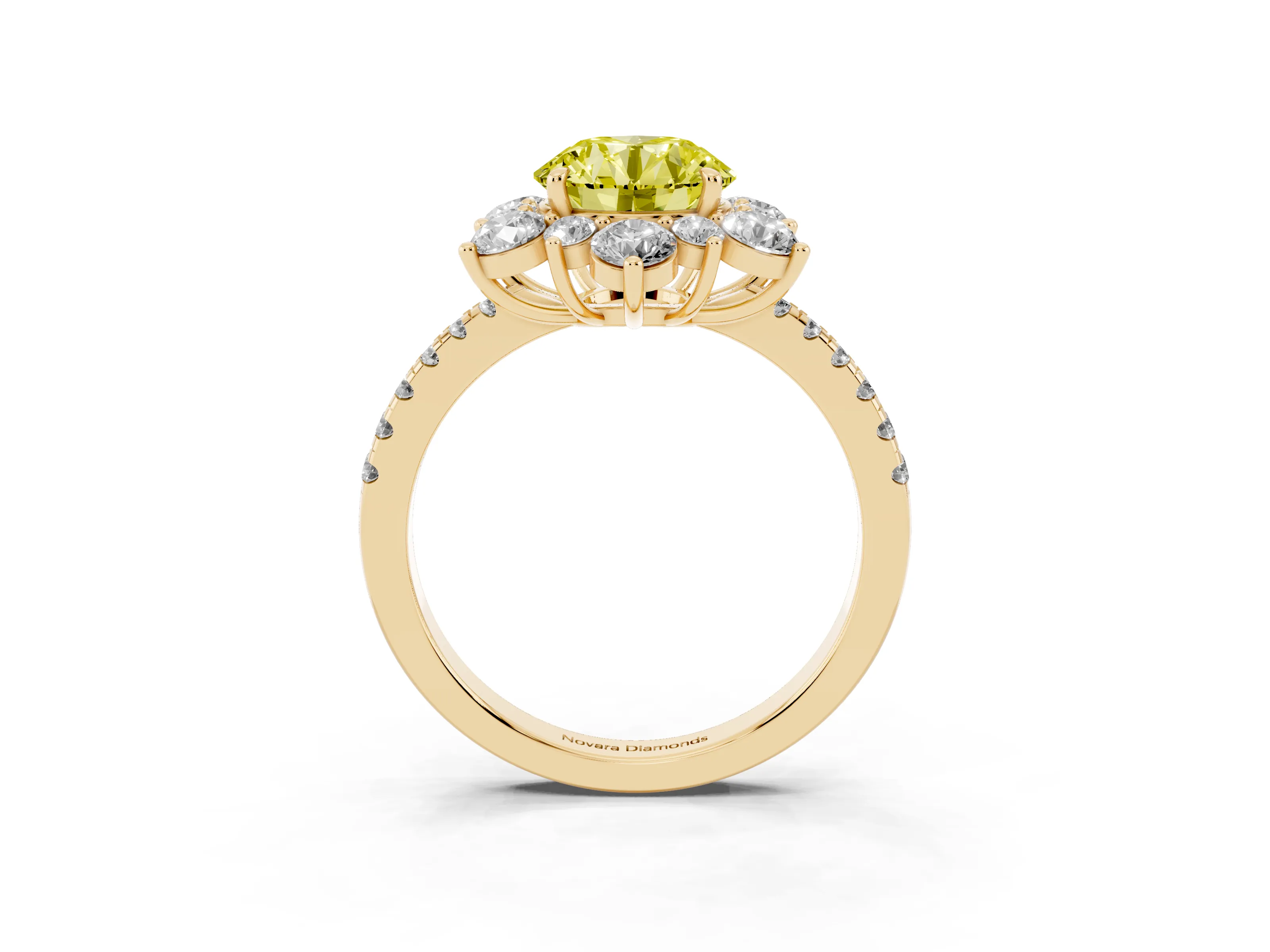 Fancy Yellow Round Cut Diamond Floral Halo Ring Set in Yellow gold with Round Pavé Band and Prong Setting