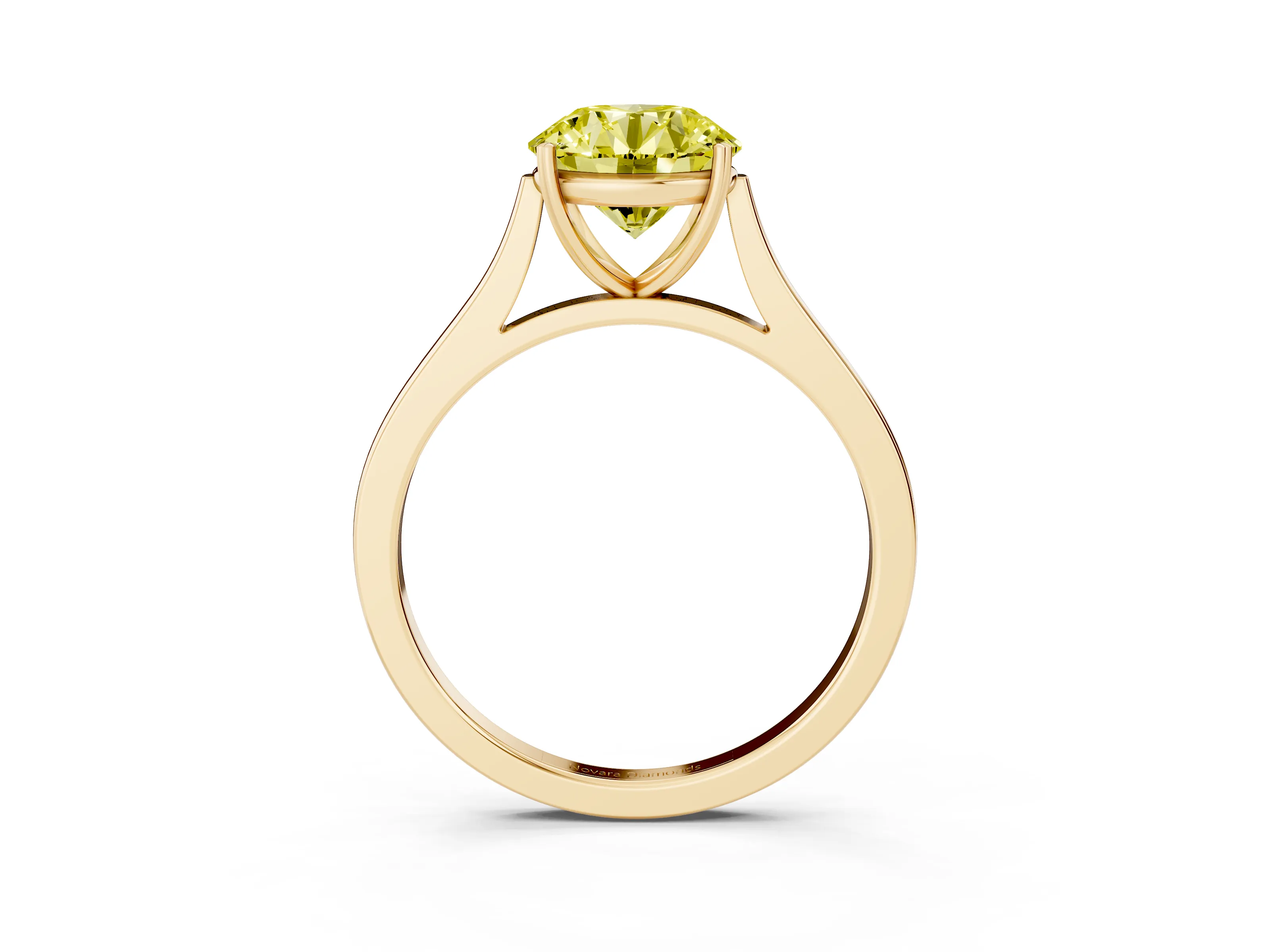 Fancy Yellow Round Cut Diamond Solitaire Heart Prong Engagement Ring Set in Yellow gold with Tapered Band