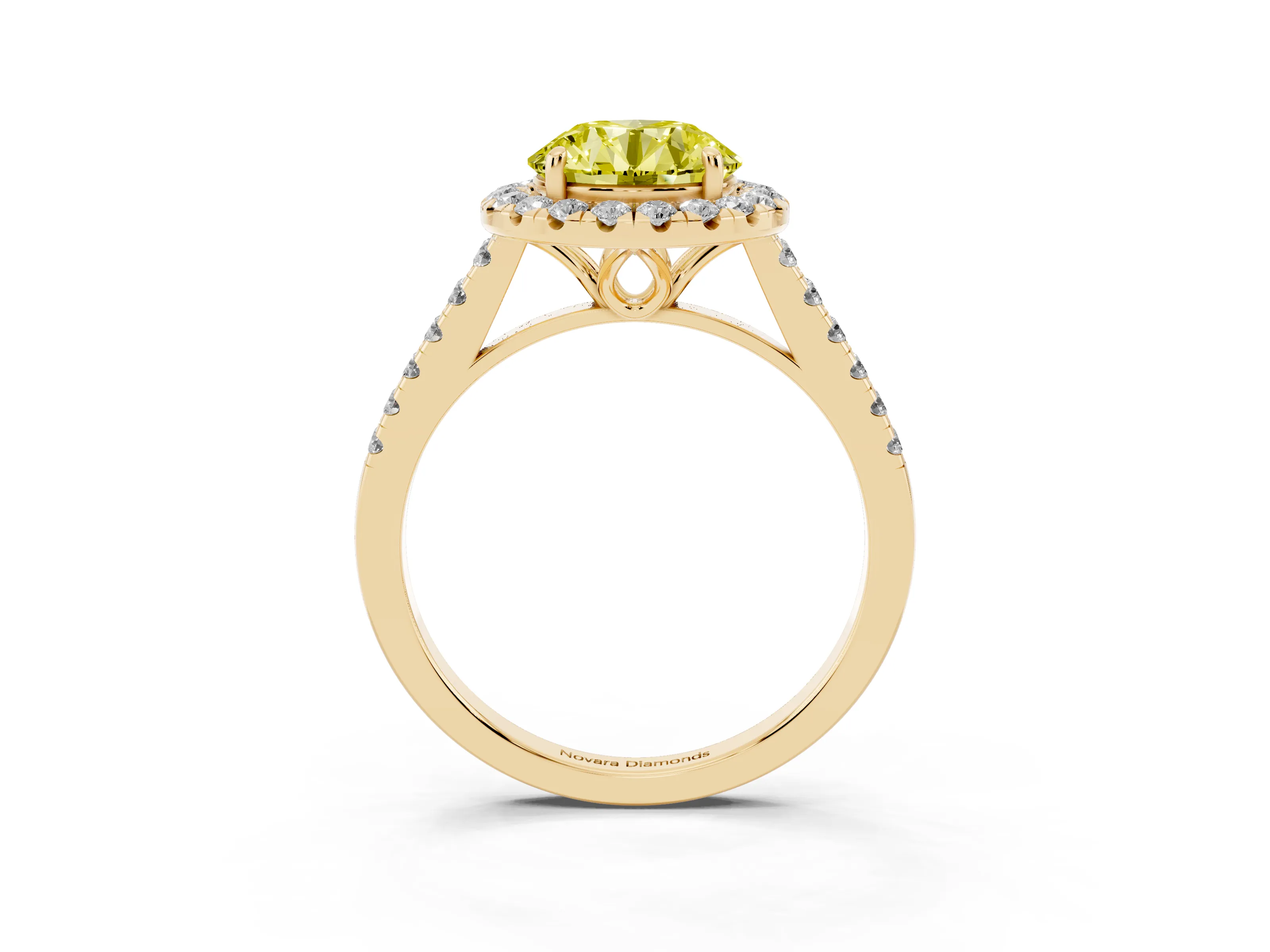 Fancy Yellow Round Cut Diamond Pavé Halo Engagement Ring Set in Yellow gold with Pavé Band and Prong Setting