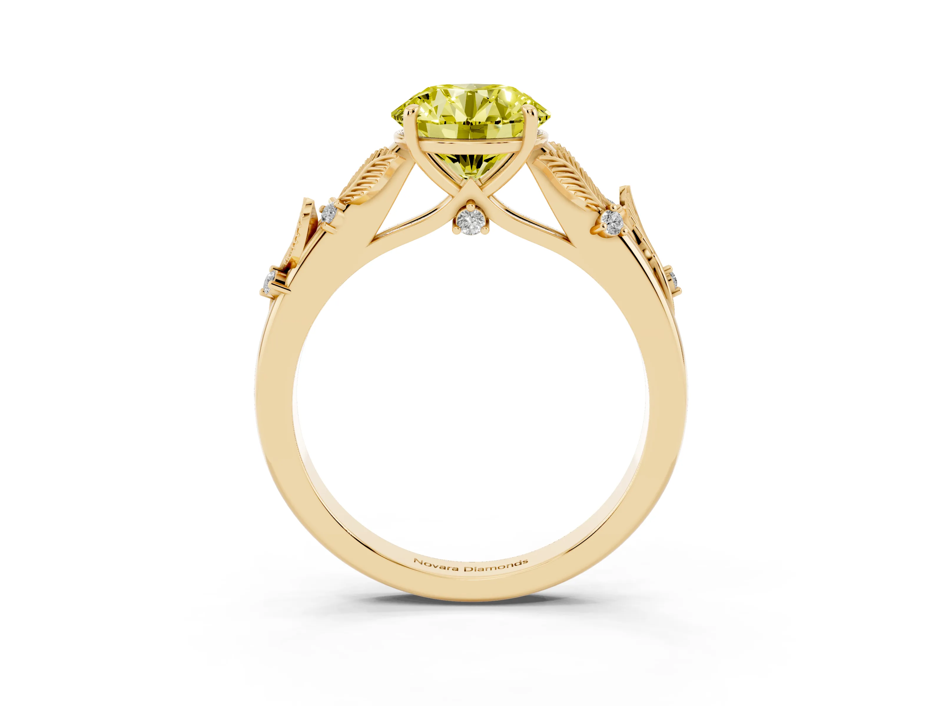 Fancy Yellow Round Cut Diamond Solitaire Ring Set in Yellow gold with Leaf Motif Band