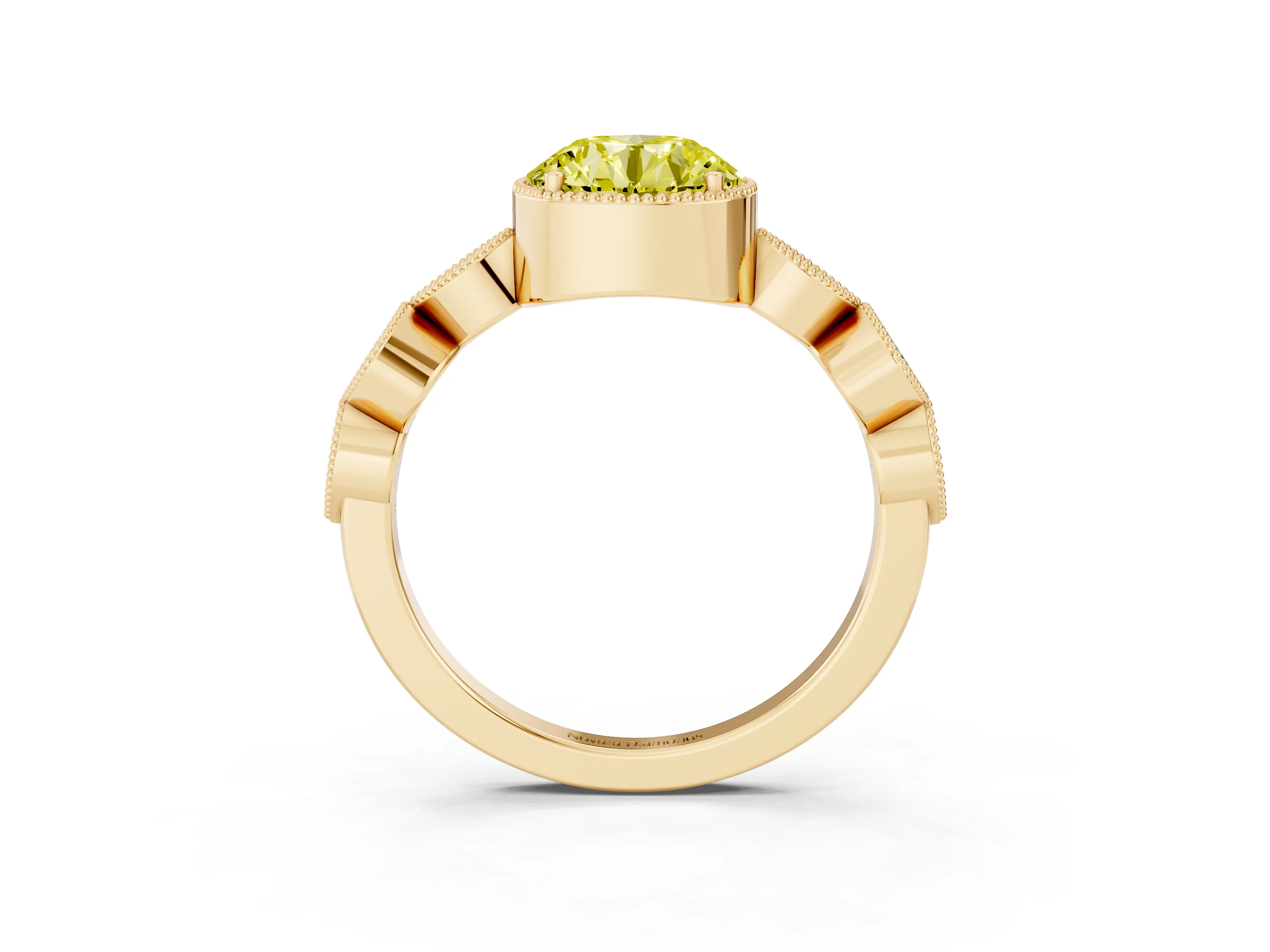 Fancy Yellow Round Cut Diamond Vintage-Inspired Milgrain Ring Set in Yellow gold with Marquise Stations of Round Accents