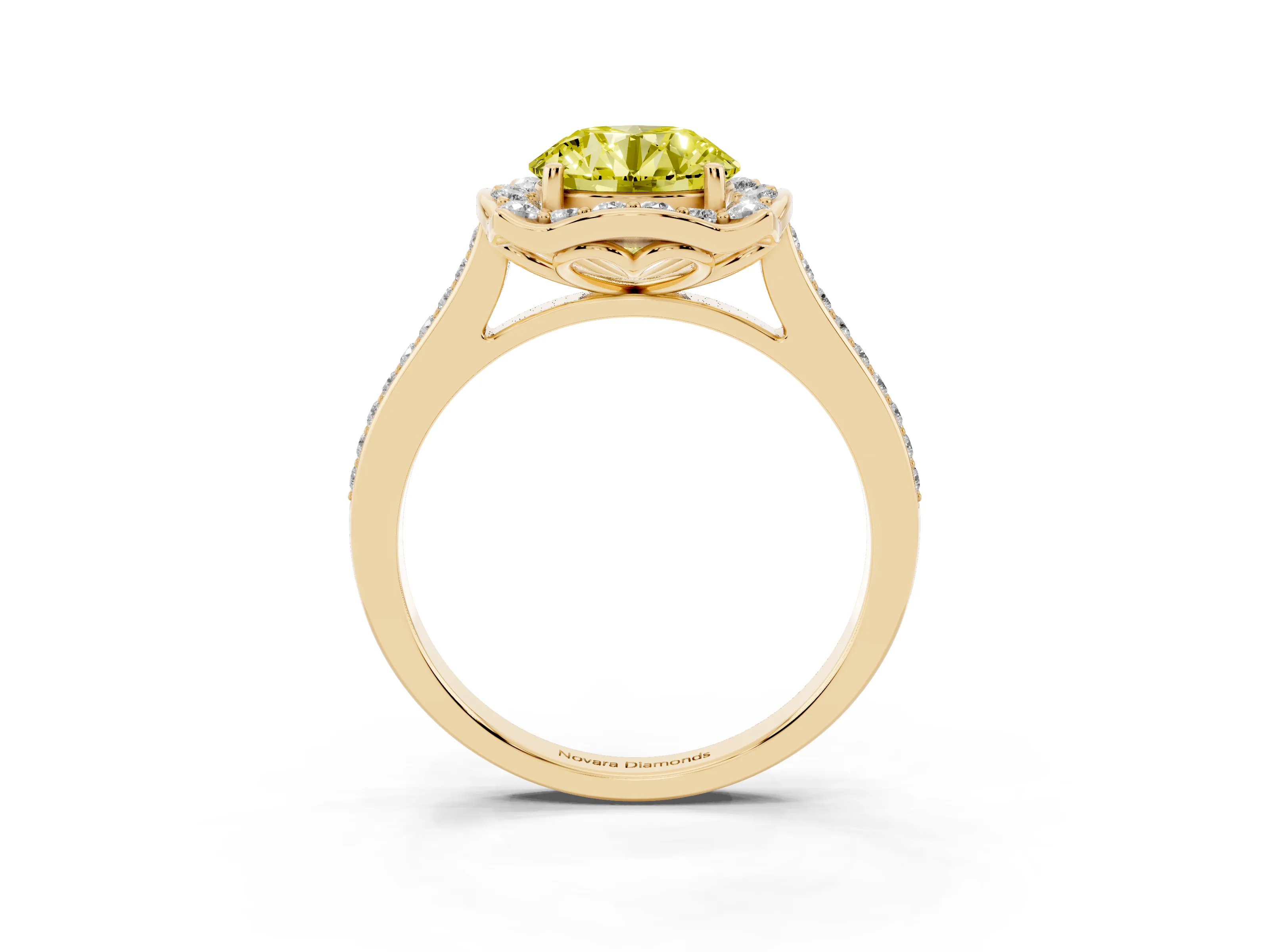 Fancy Yellow Round Cut Diamond Halo Ring Set in Yellow gold with Pavé-Lined Shoulders and Prong Setting