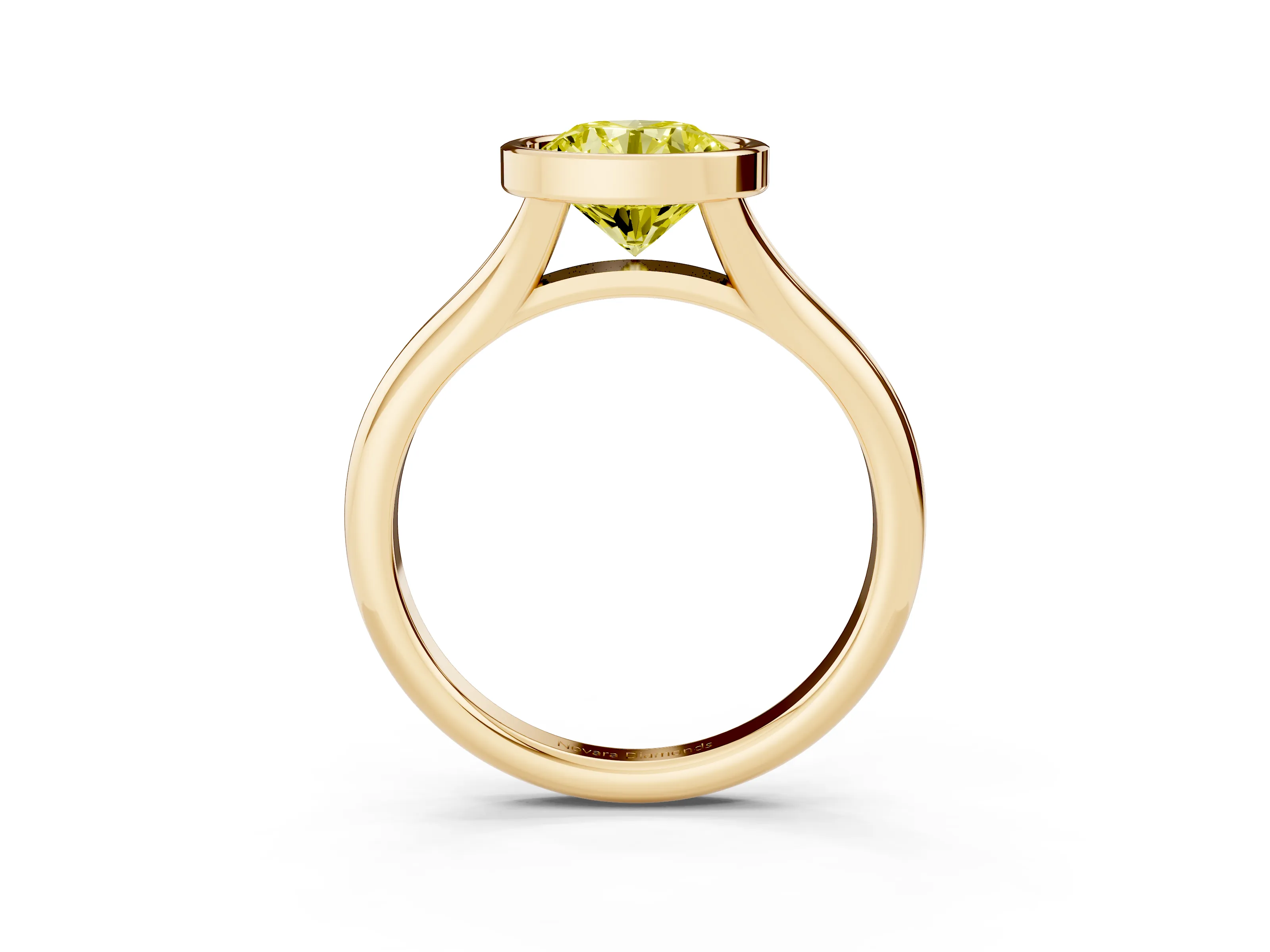 Fancy Yellow Bezel Set Round Cut Diamond Solitaire Ring Set in Yellow gold with Smooth Band