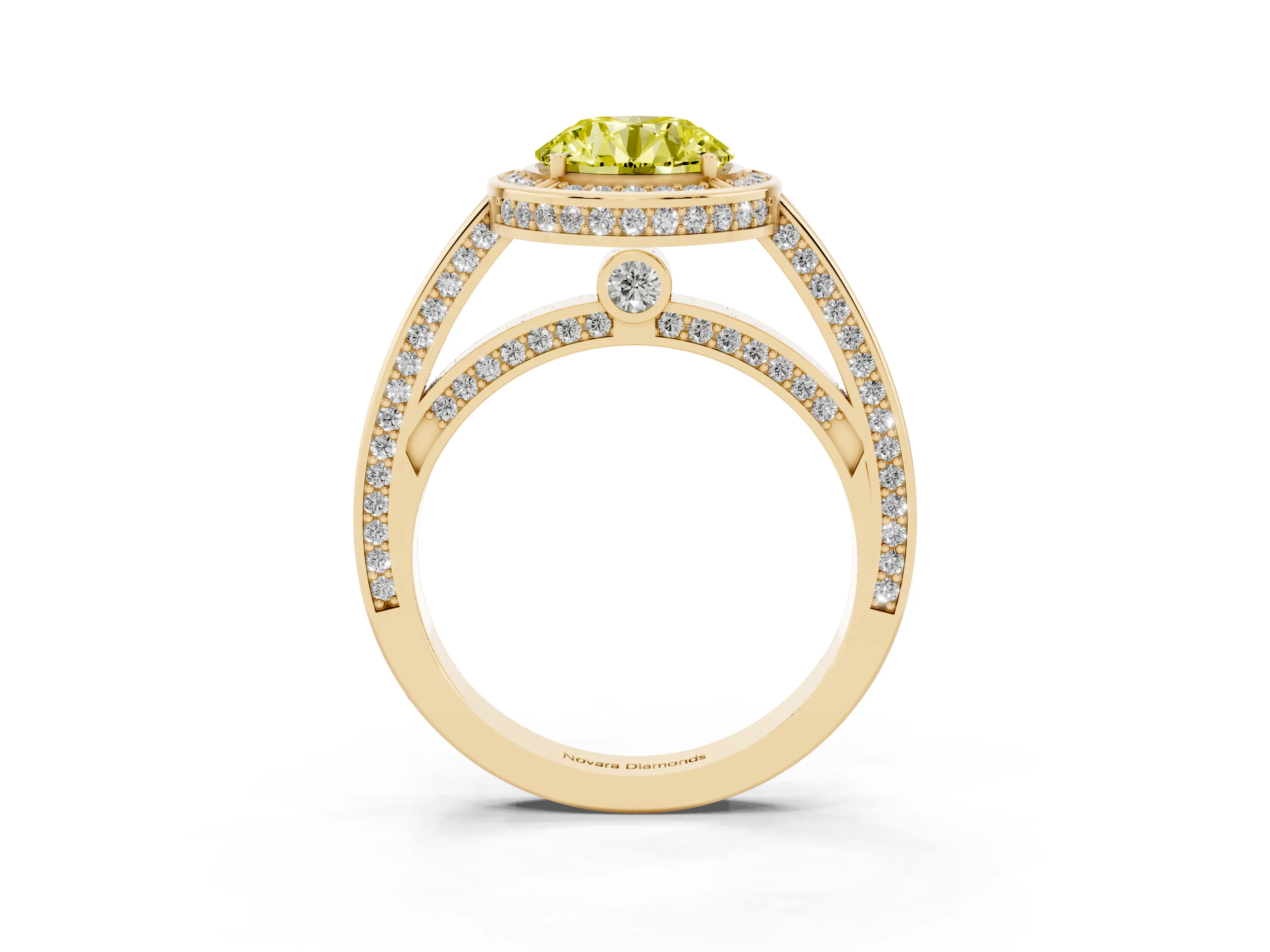 Fancy Yellow Round Cut Diamond Halo Pavé Split Shank Ring Set in Yellow gold with Prong Setting