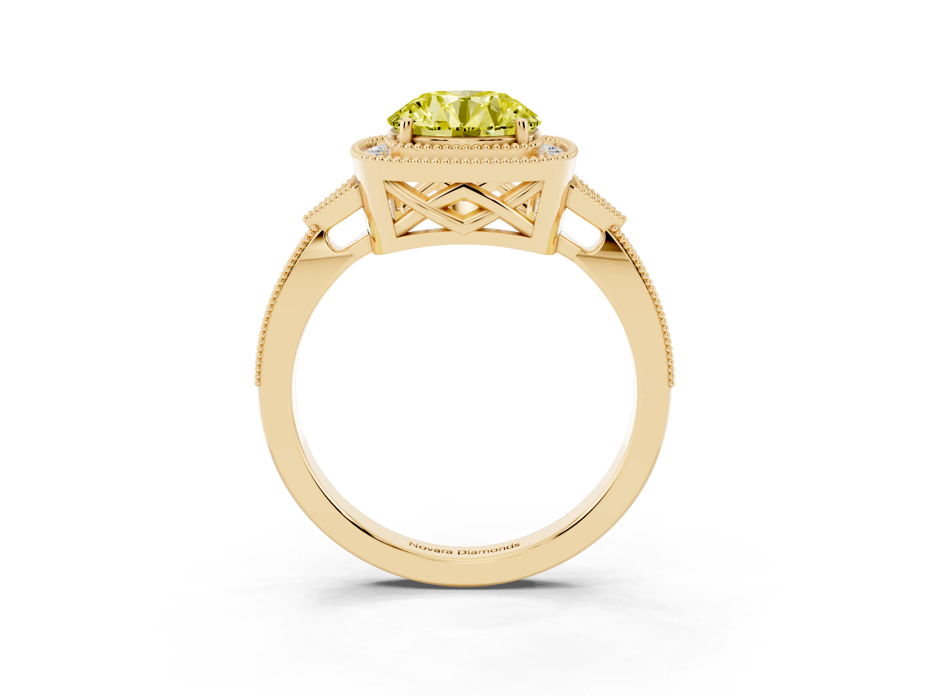 Fancy Yellow Round Cut Diamond Halo Engagement Ring Set in Yellow gold with Milgrain Pavé Band