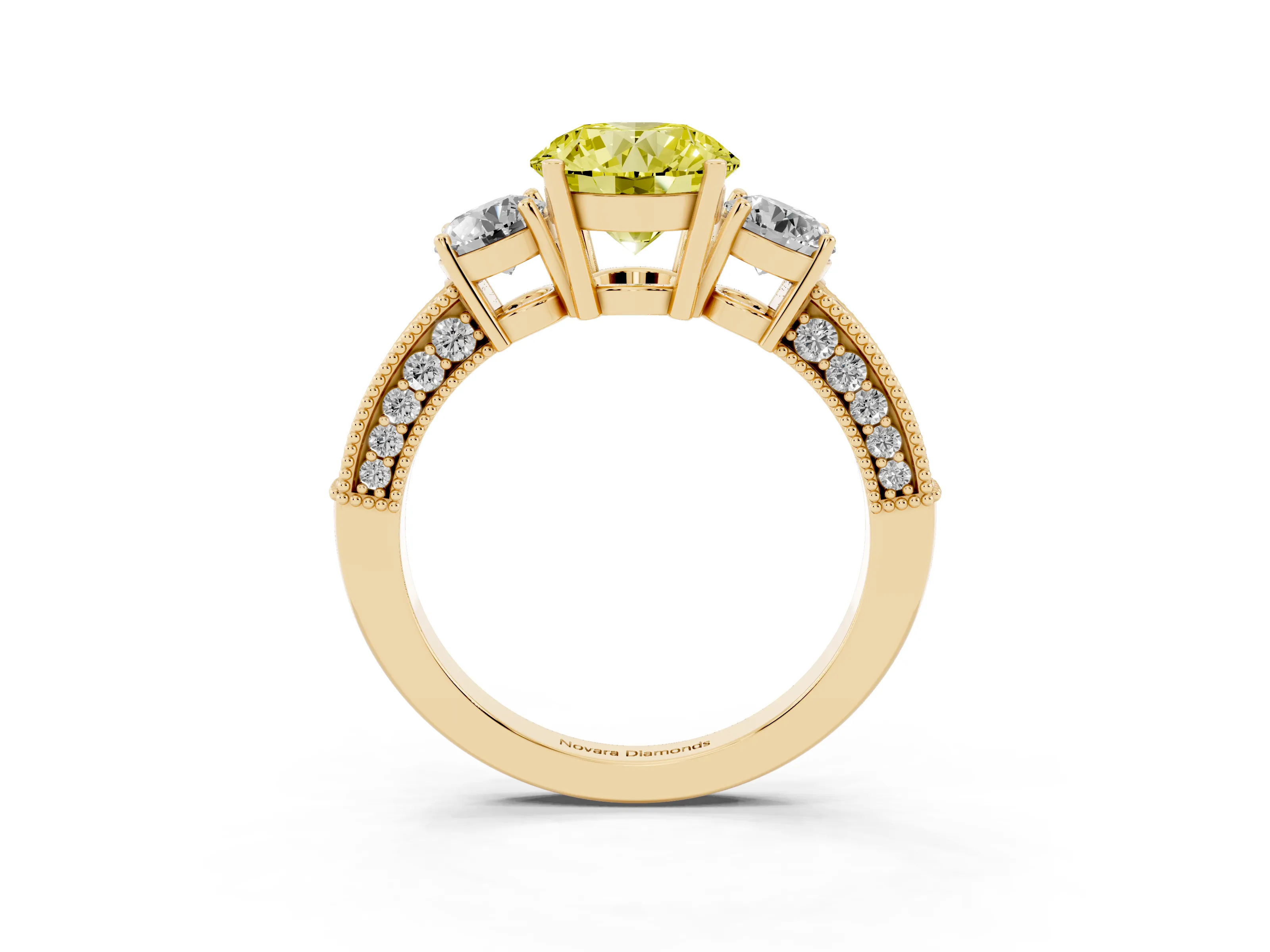 Fancy Yellow Round Cut Diamond Three-Stone Ring Set in Yellow gold with Round Side Stones and Pavé Band