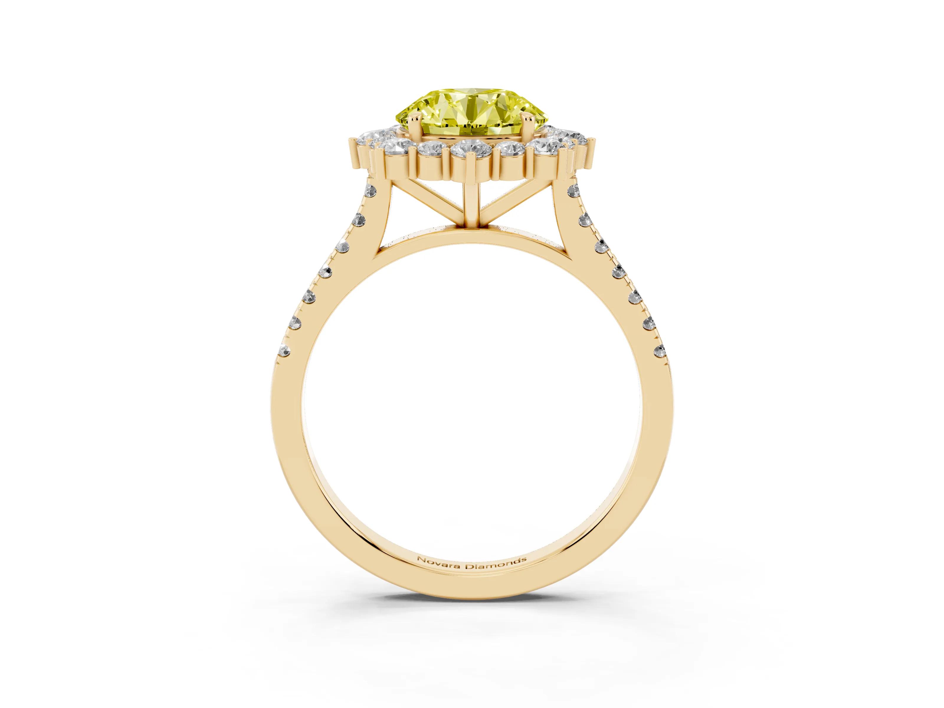 Fancy Yellow Round Cut Diamond Halo Ring Set in Yellow gold with Pavé Band and Prong Setting