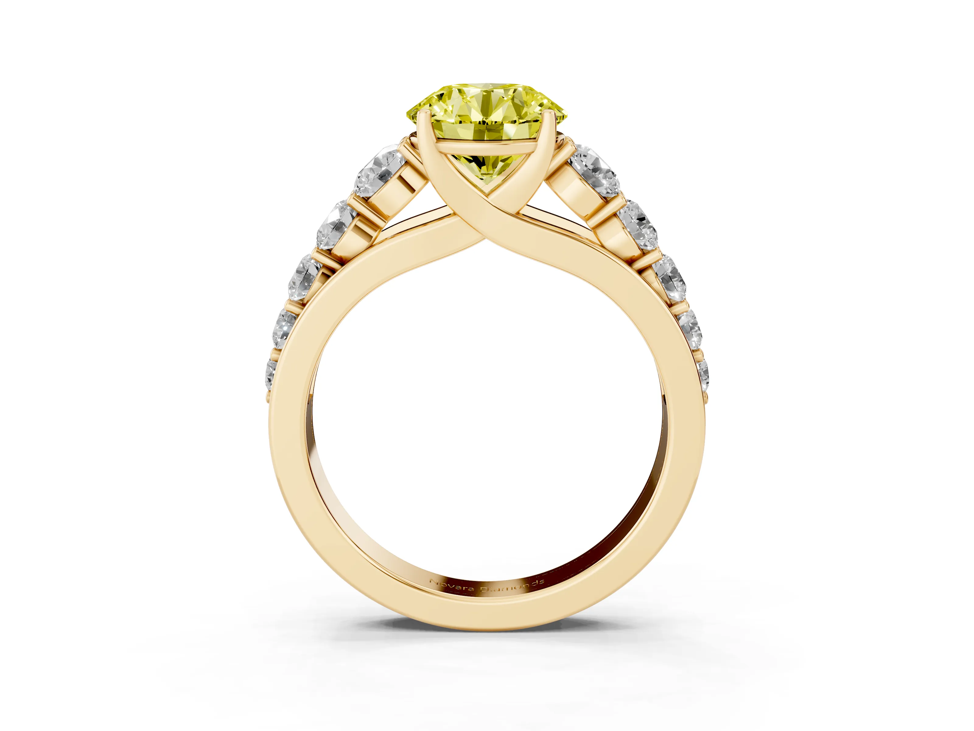 Fancy Yellow Round Cut Diamond Solitaire Ring Set in Yellow gold with Pavé-Set Band and Prong Setting