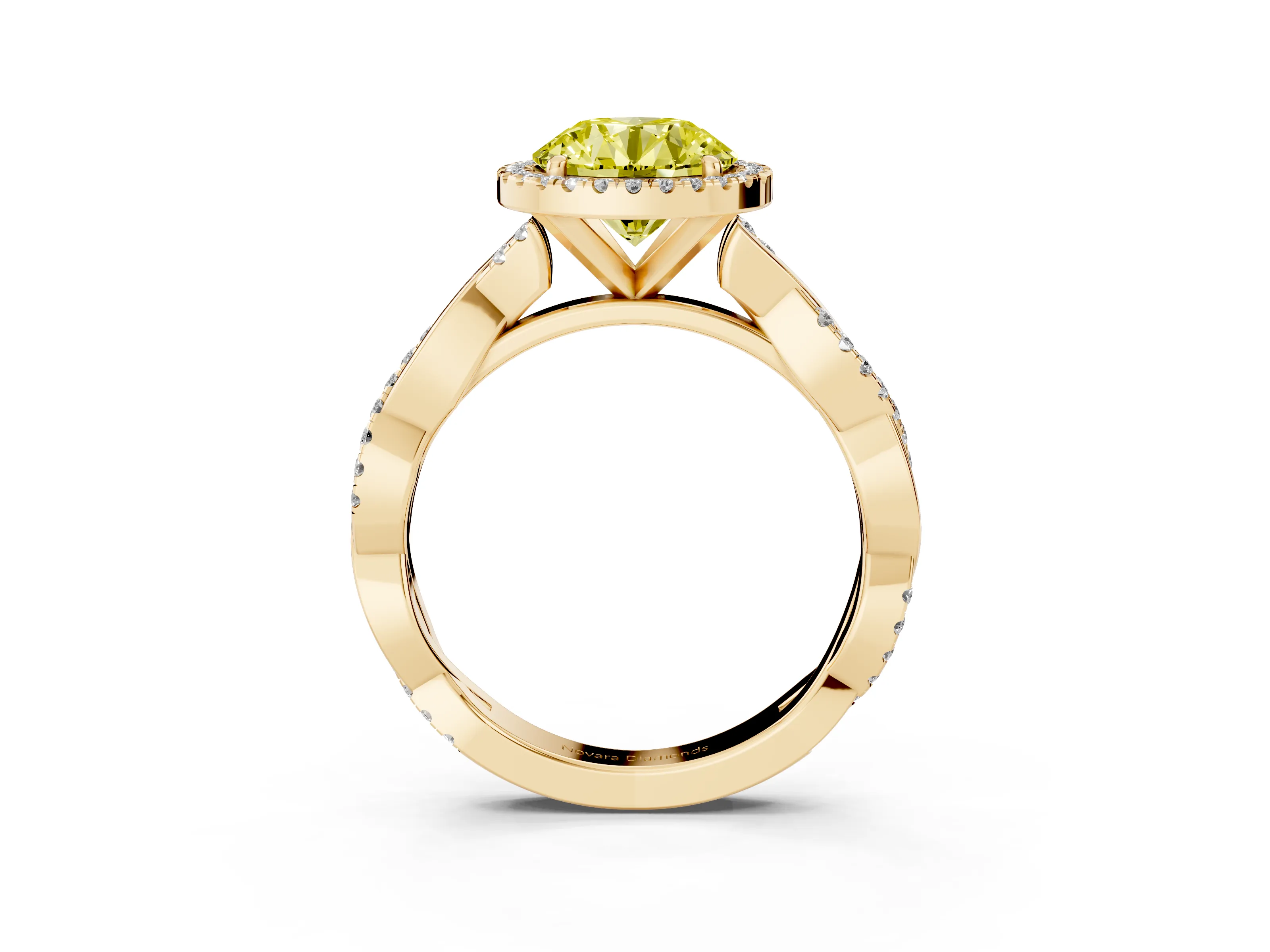 Fancy Yellow Round Cut Diamond Halo Twisted Band Ring Set in Yellow gold with Prong Setting