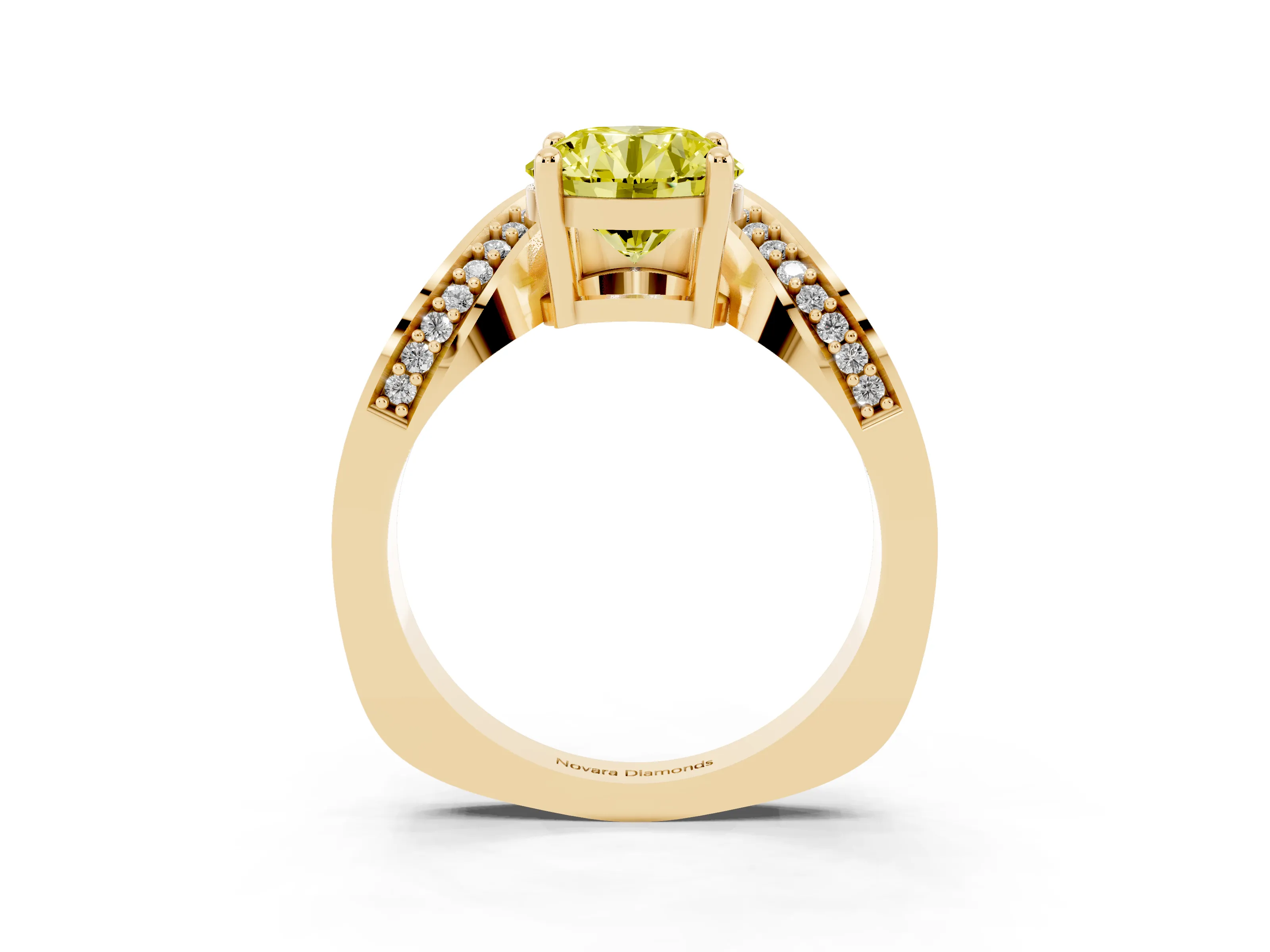 Fancy Yellow Round Cut Diamond Solitaire Engagement Ring Set in Yellow gold with Pavé Shoulders