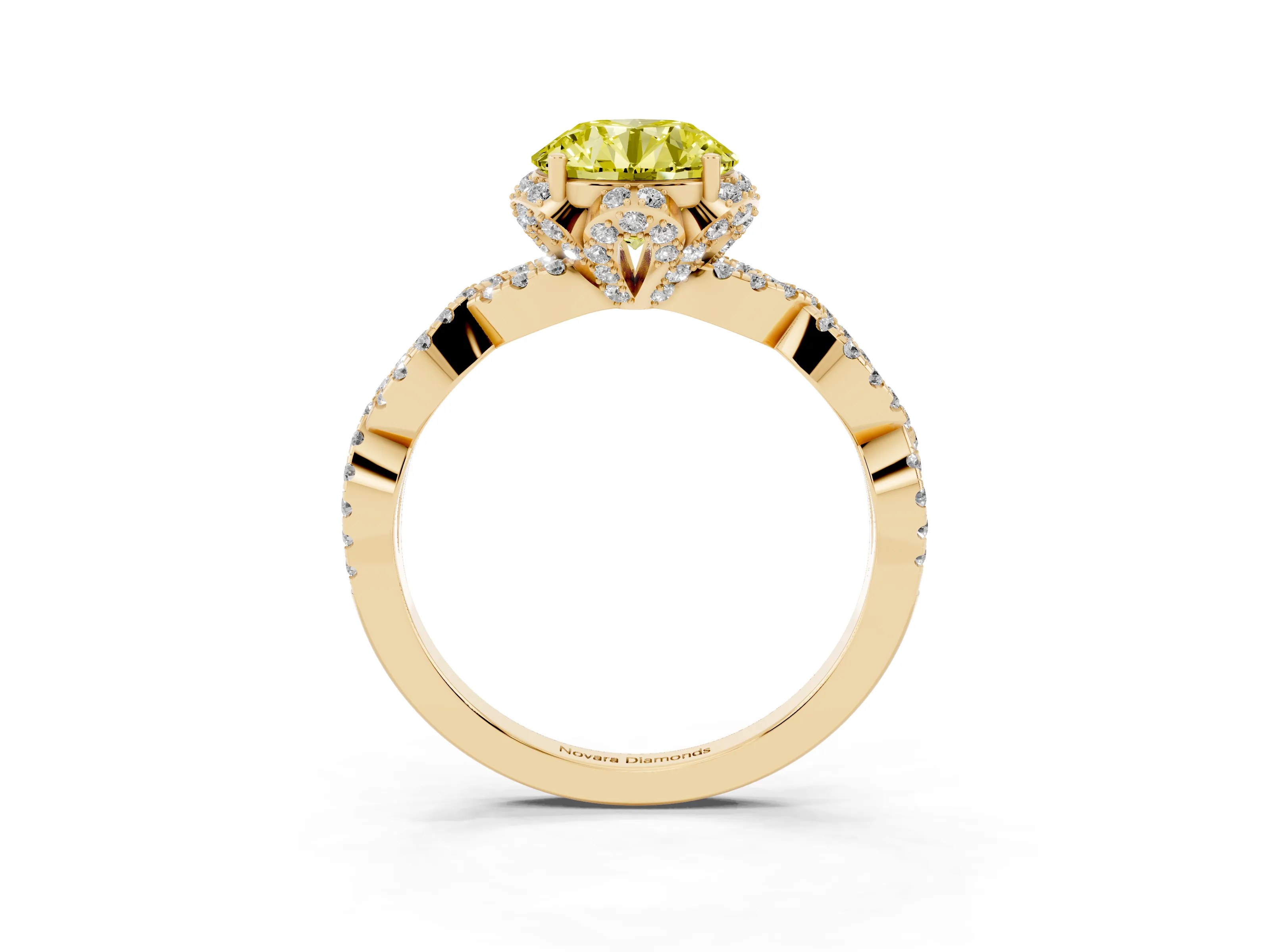 Fancy Yellow Round Cut Diamond Halo Twist Band Solitaire Ring Set in Yellow gold with Prong-Set Center Stone